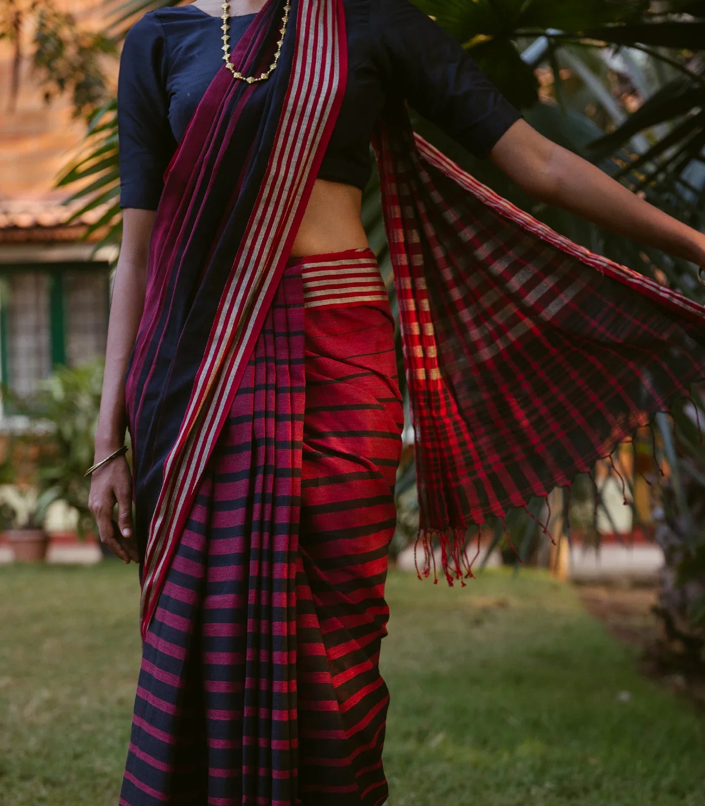 RmKV Maroon Handloom Bengal Cotton Saree With Red and Black Gradient stripes - view 2