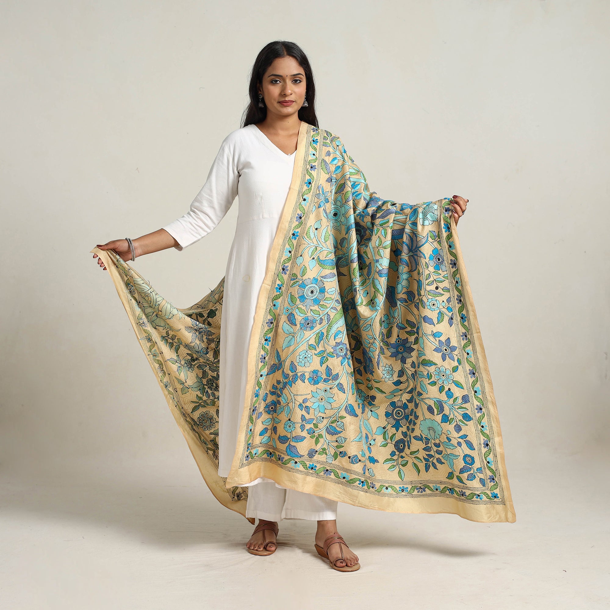 KHUSHBASH - HAPPY LOOM OF EAST Blue - Bengal Handloom Silk Kantha Embroidery Dupatta 16