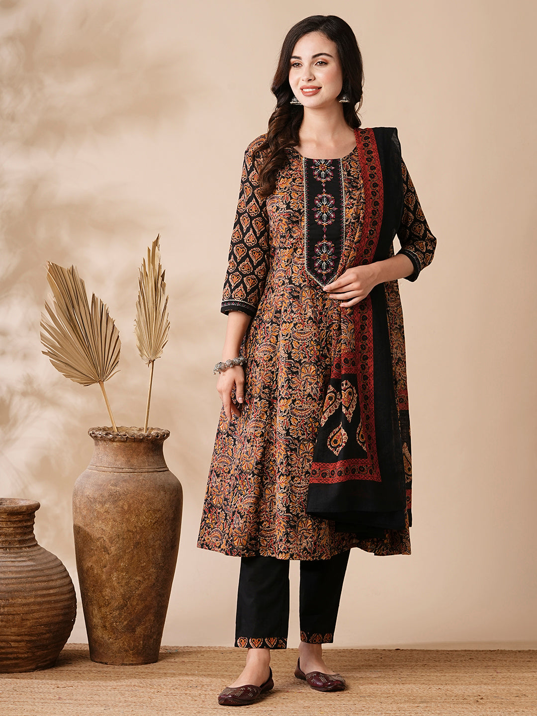 Fashor Floral Ethnic Printed & Embroidered Anarkali Kurta with Pant & Dupatta - Black - view 3