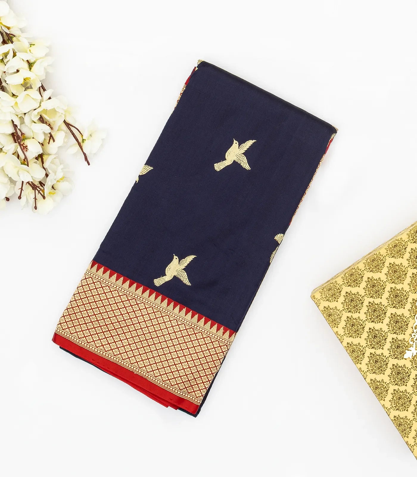 RmKV Midnight Blue Handloom Banarasi Silk Saree With Bird Buttas & Contrast Border