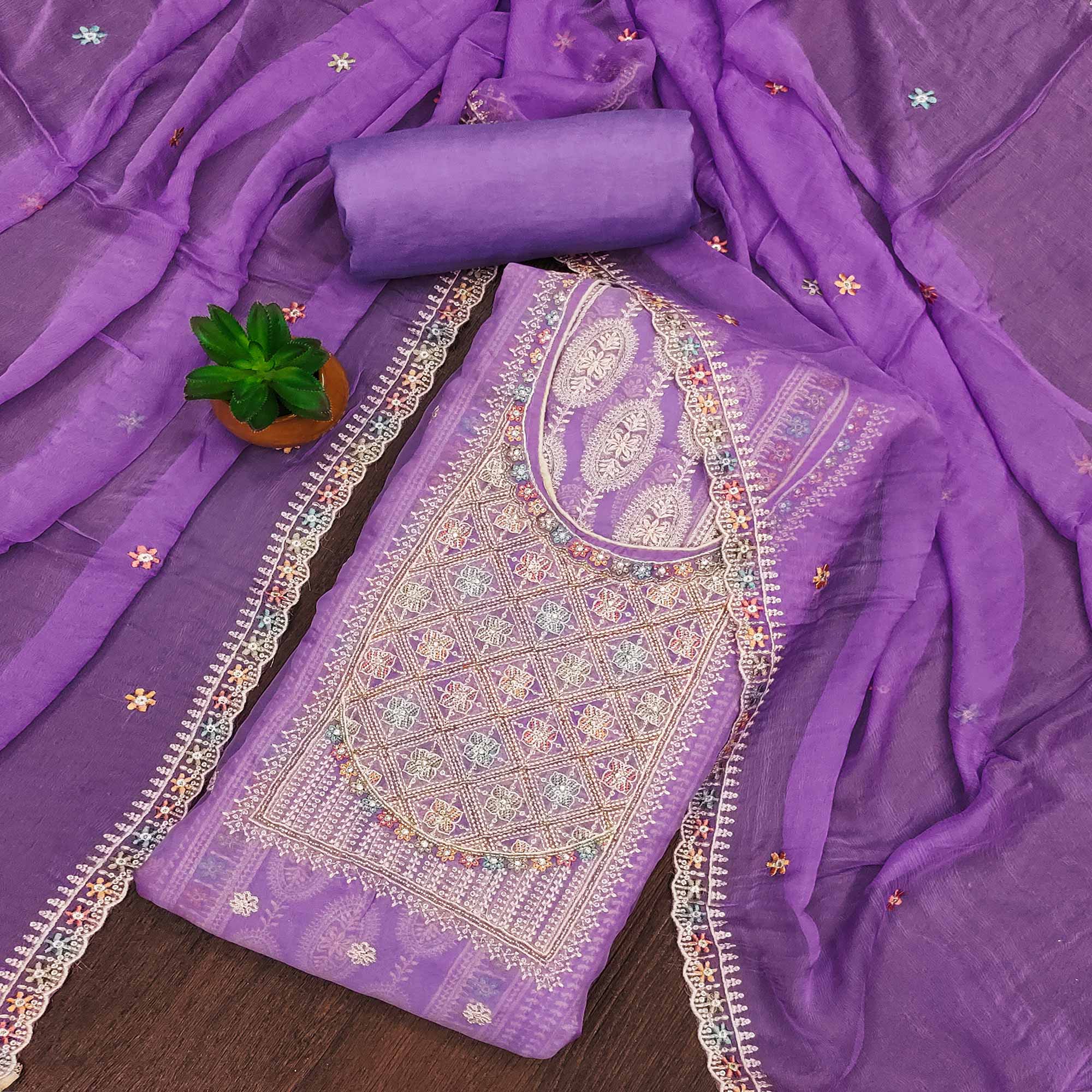 Peachmode Lavender Floral Embroidered Organza Dress Material