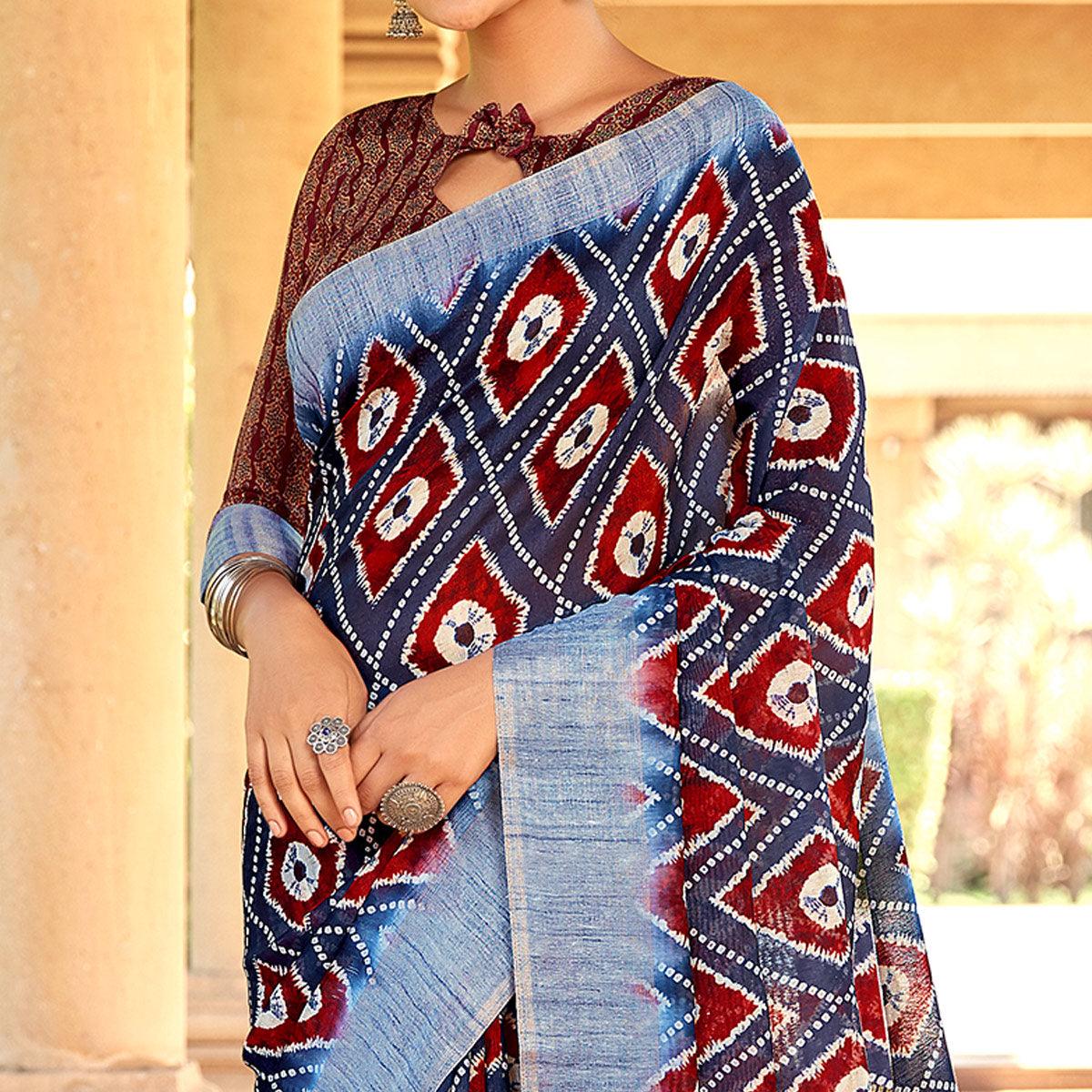 Peachmode Elegant Navy Blue Colored Digital Printed Festive Wear Linen Designer Saree - view 2