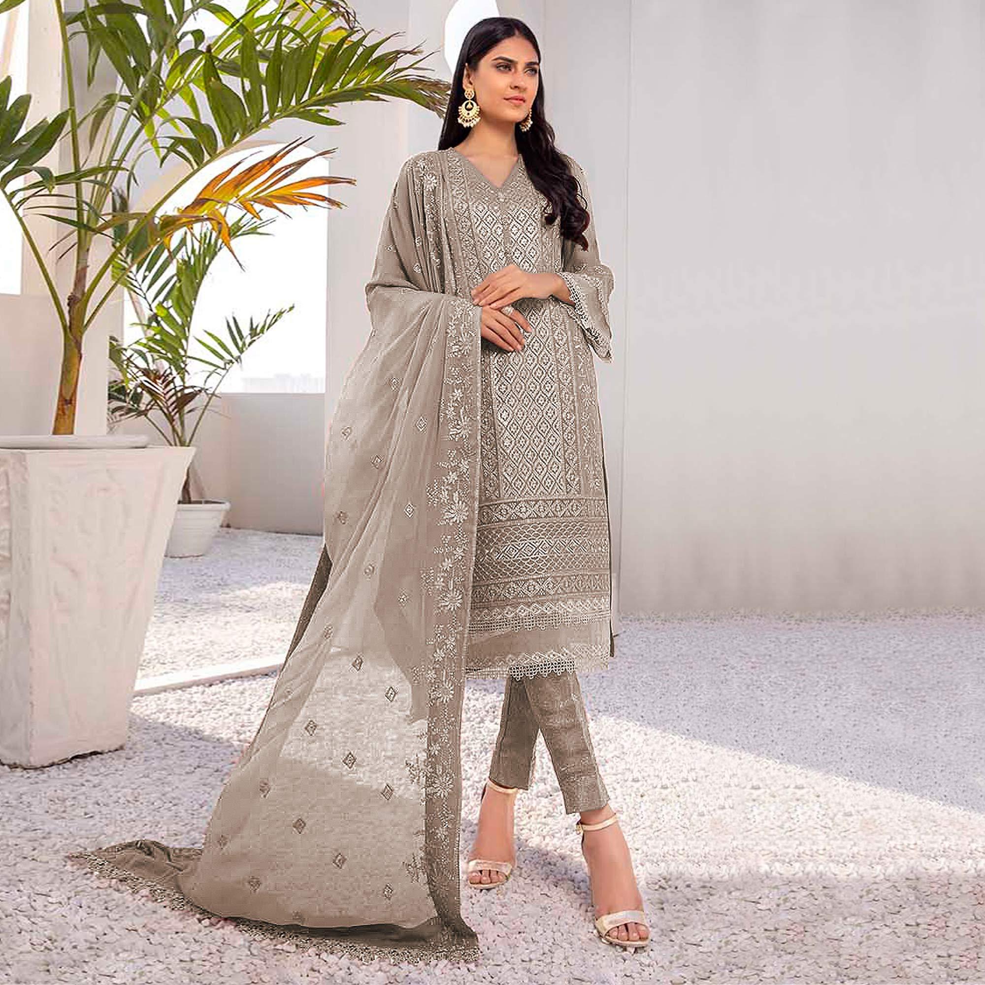 Peachmode Coffee Embroidered Georgette Pakistani Suit - view 2