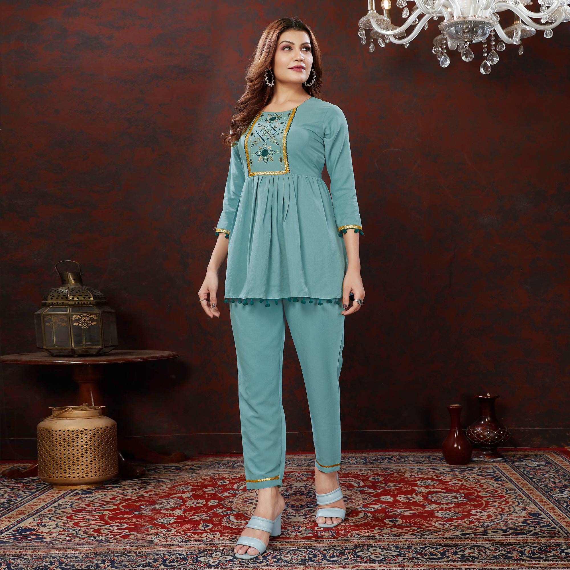 Peachmode Seller Dusty Turquoise Embroidered Cotton Blend Co Ord Set - view 2