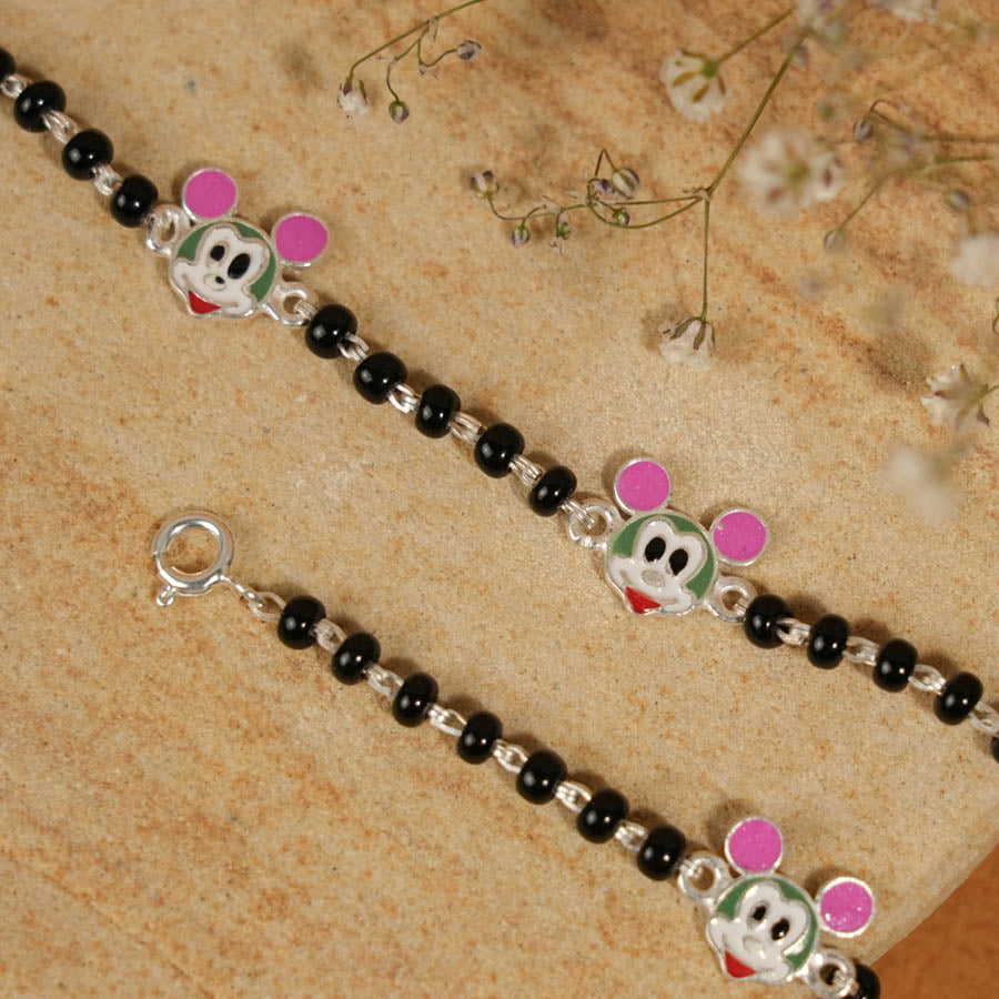 Prinjal Jewellers Real Black beads mickey mouse silver nazariya for kids