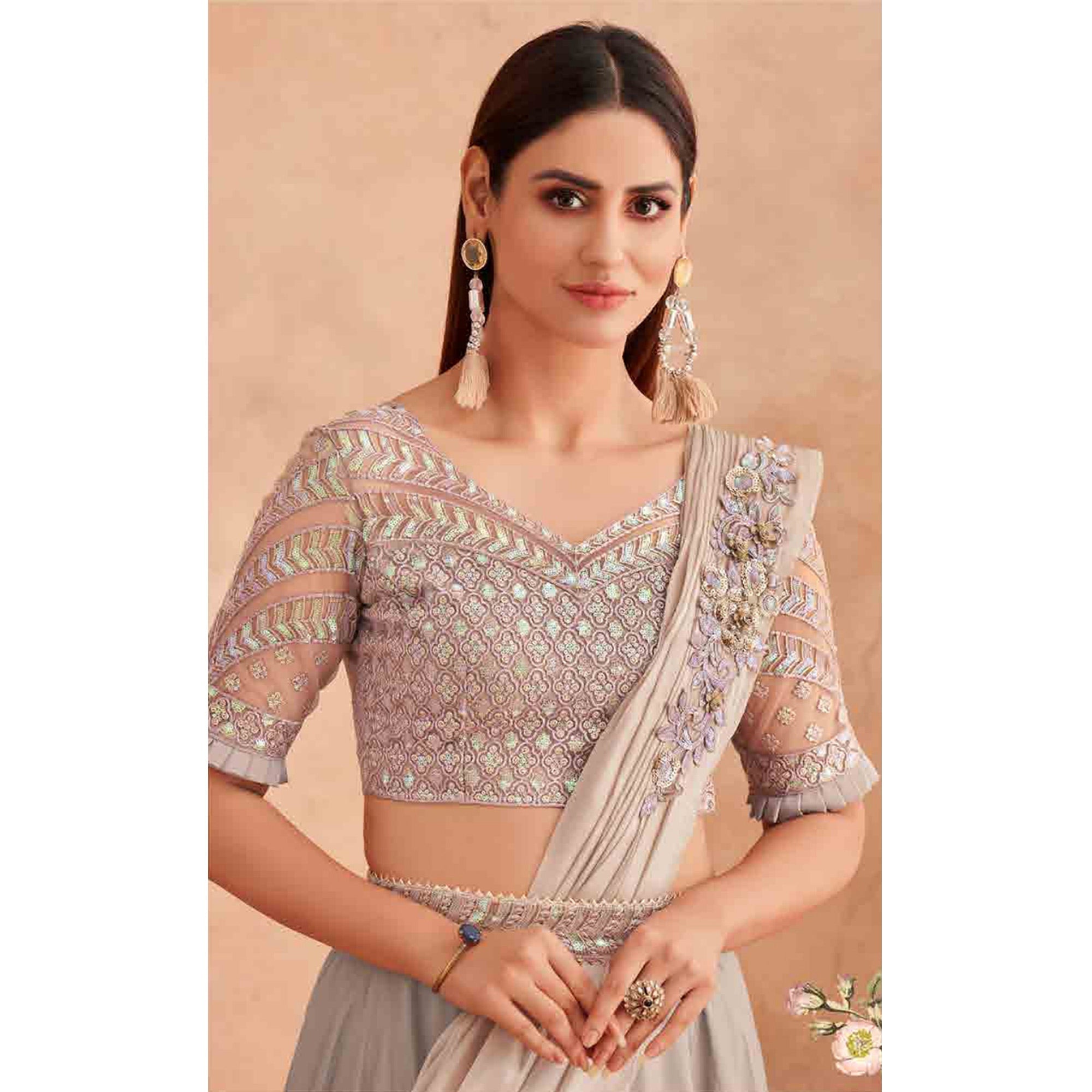 Peachmode Seller Light Grey Sequins Embroidered Ready to Wear Art Silk Saree - view 4