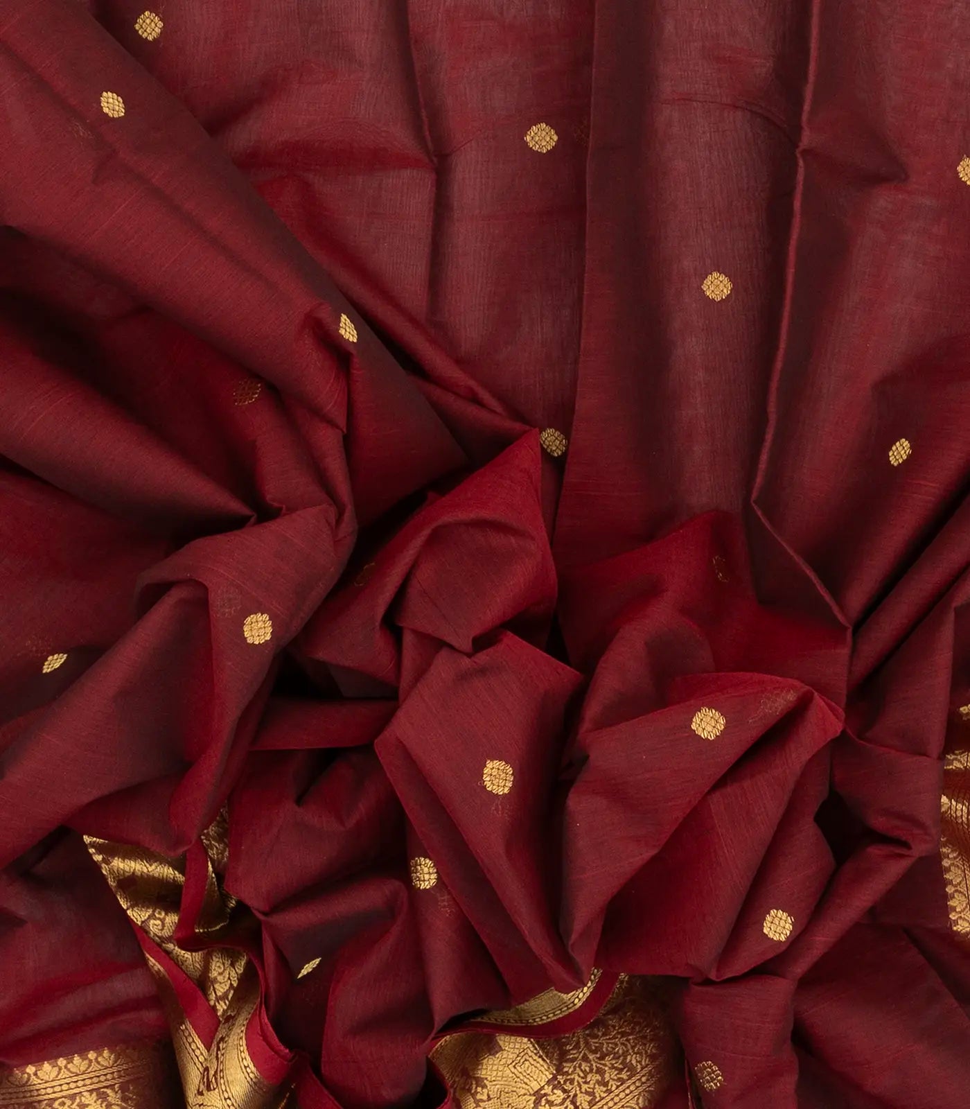 RmKV Crimson Handloom Kanchi Cotton Saree With Elephants, House and Lady Motifs in Border - view 6