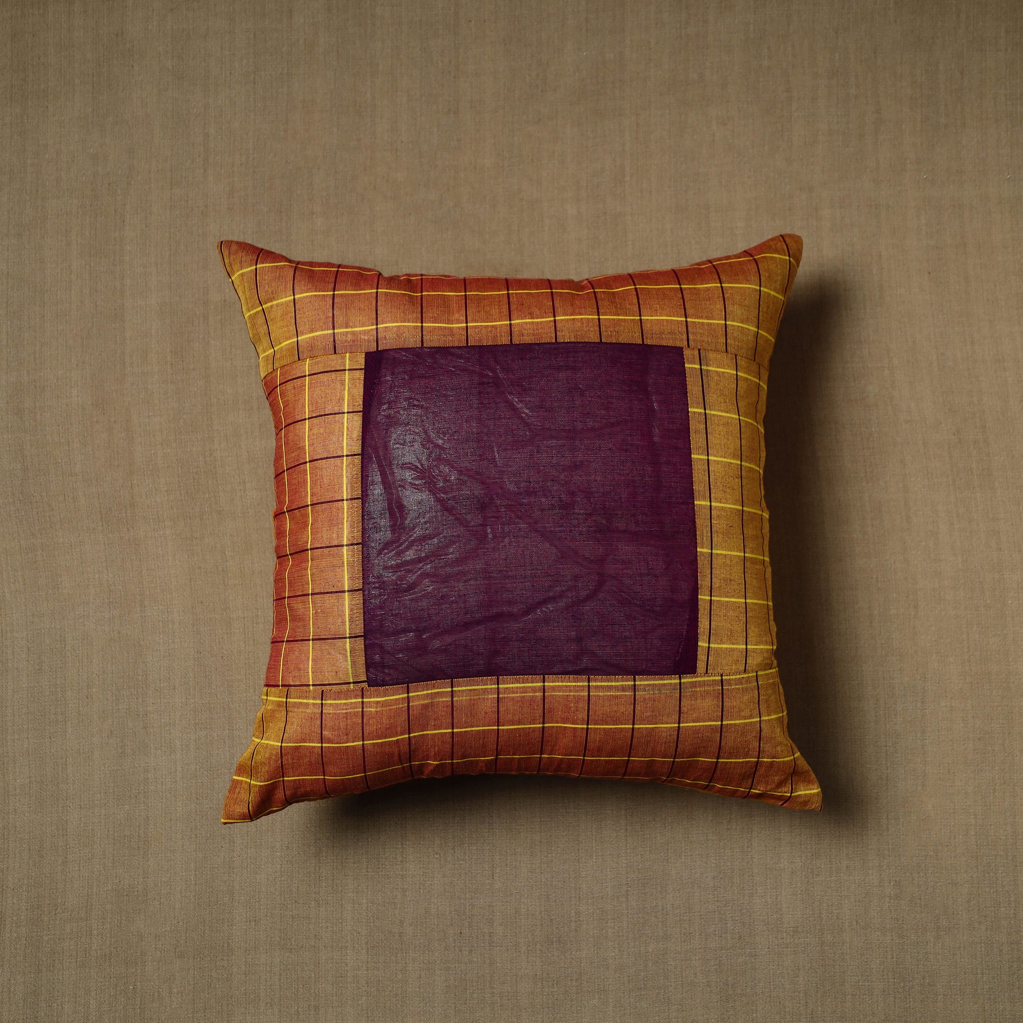 NOORI BAZAR Brown - Patchwork Cotton Kanchipuram Cushion Cover (16 x 16 in) 23