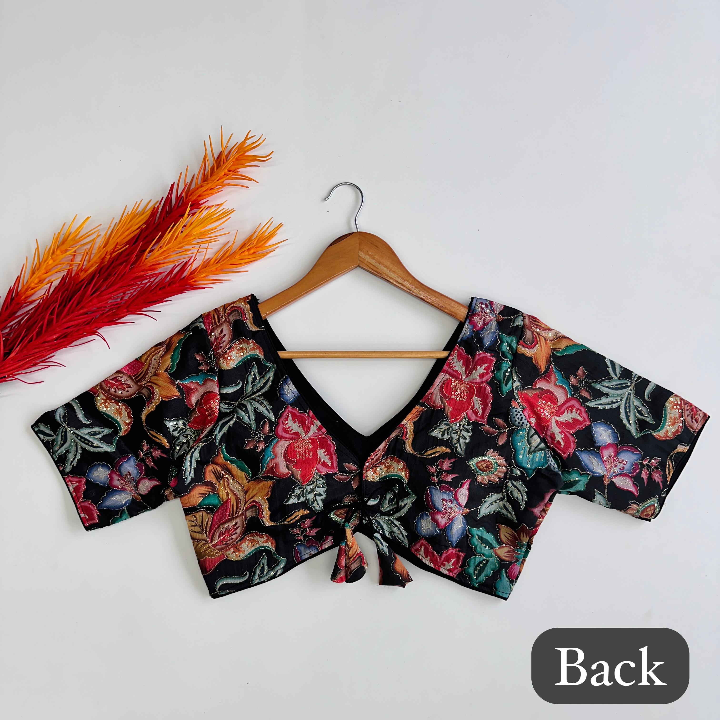 ClothsVilla Black Elegant Hand-Embroidered Tofu Silk Blouse with Sequins - view 2