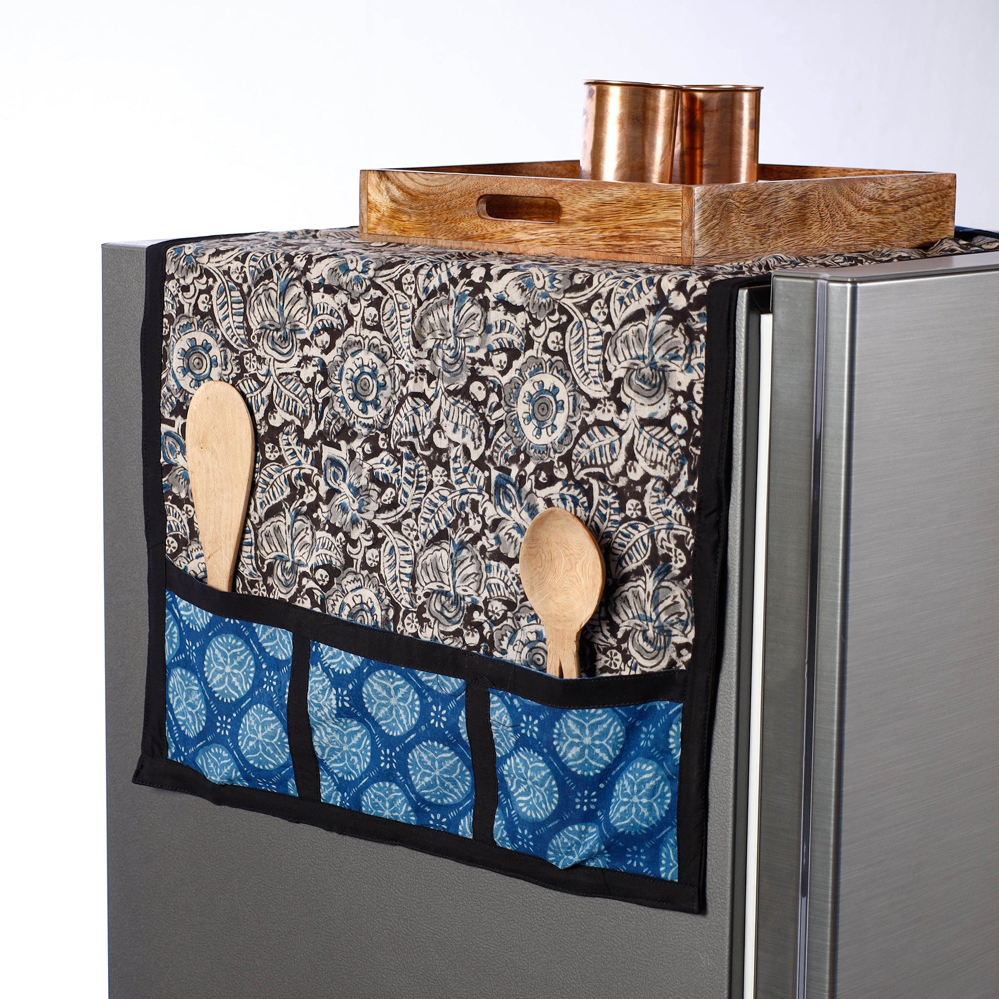JALPARI Black - Kalamkari Block Printed Cotton Fridge Top Cover with Multiple Pockets