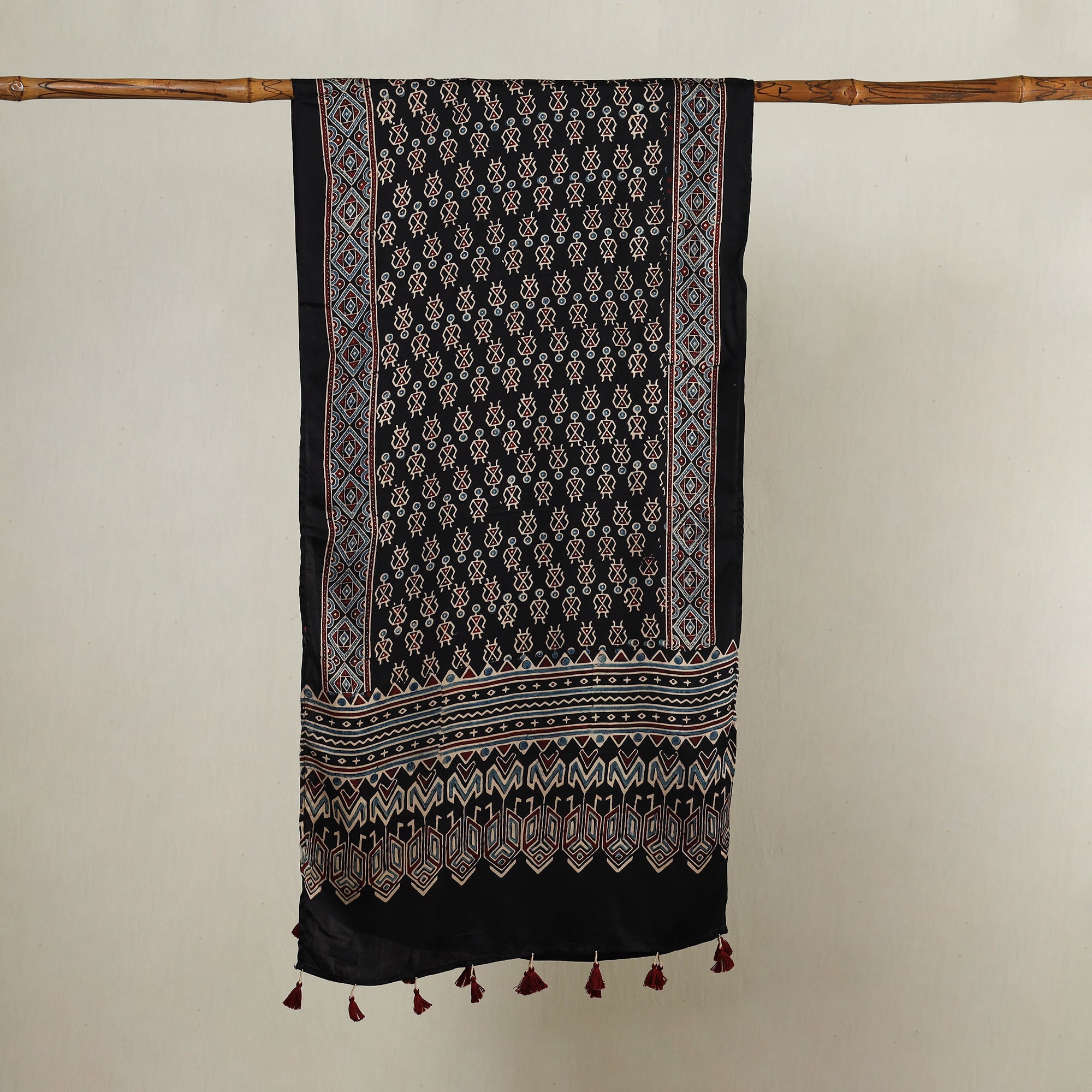 RIYAZ ABDULMAJID KHATRI - AJRAKH Black - Ajrakh Hand Block Printed Modal Silk Stole with Tassels - view 2