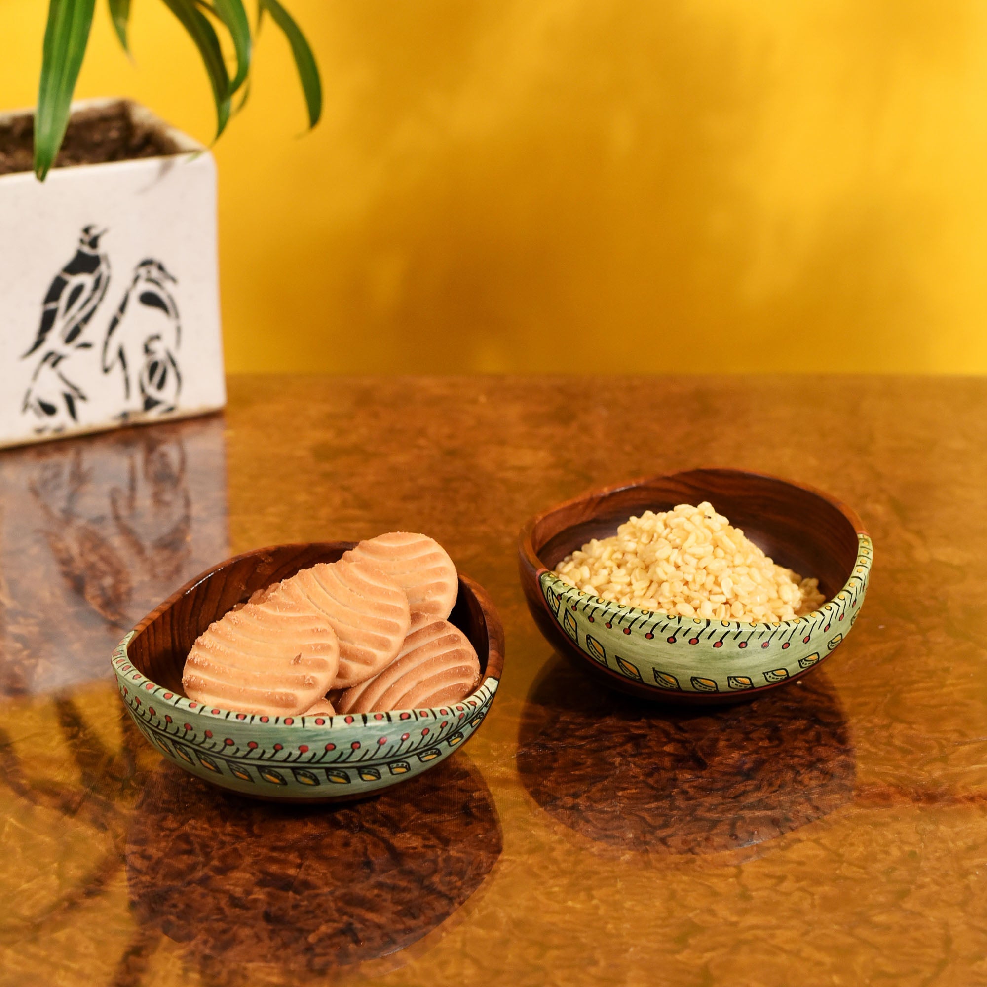 ART CREATIONS BY SUMAN SONTHALIA Brown - Bowl Handcrafted in Wood with Tribal Art (Set of 2) (2x4.5")