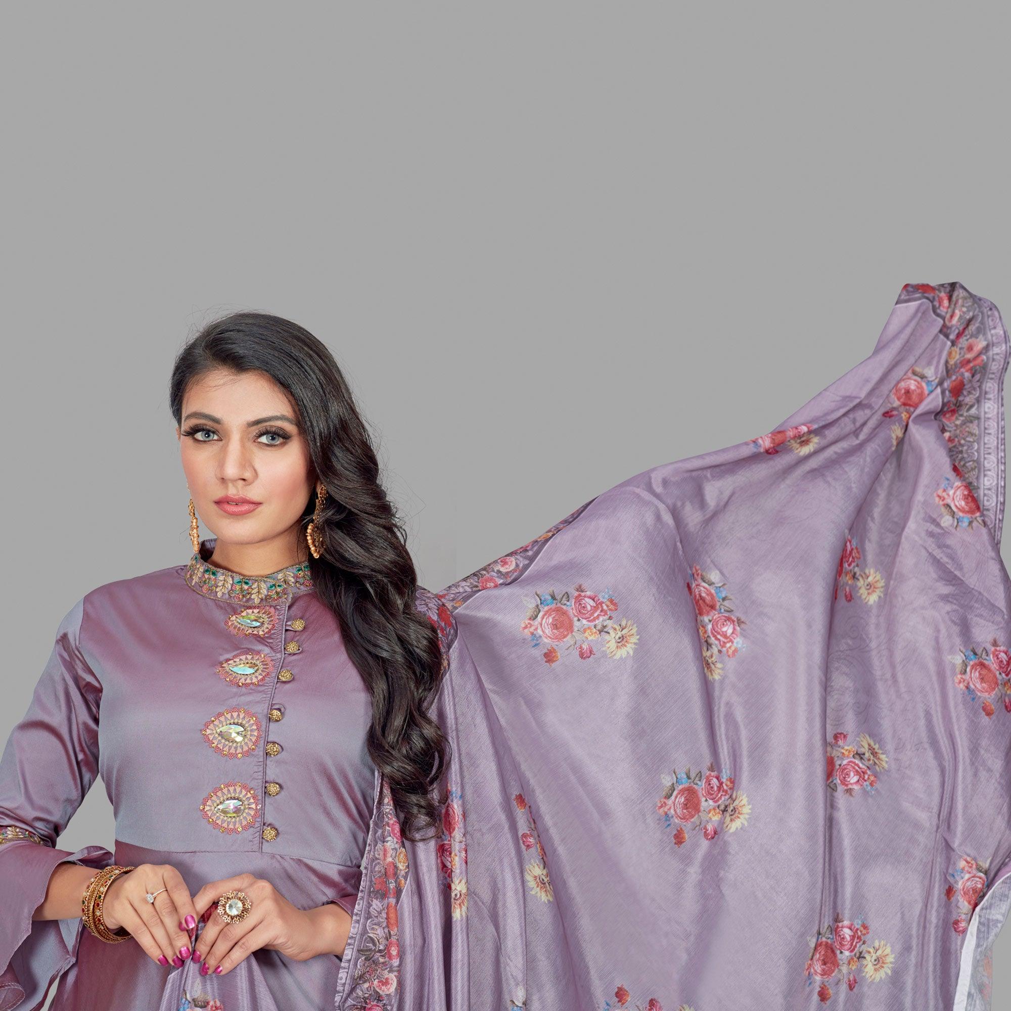 Peachmode Seller Charming Pink Coloured Embroidered Party Wear Taffeta Gown - view 3
