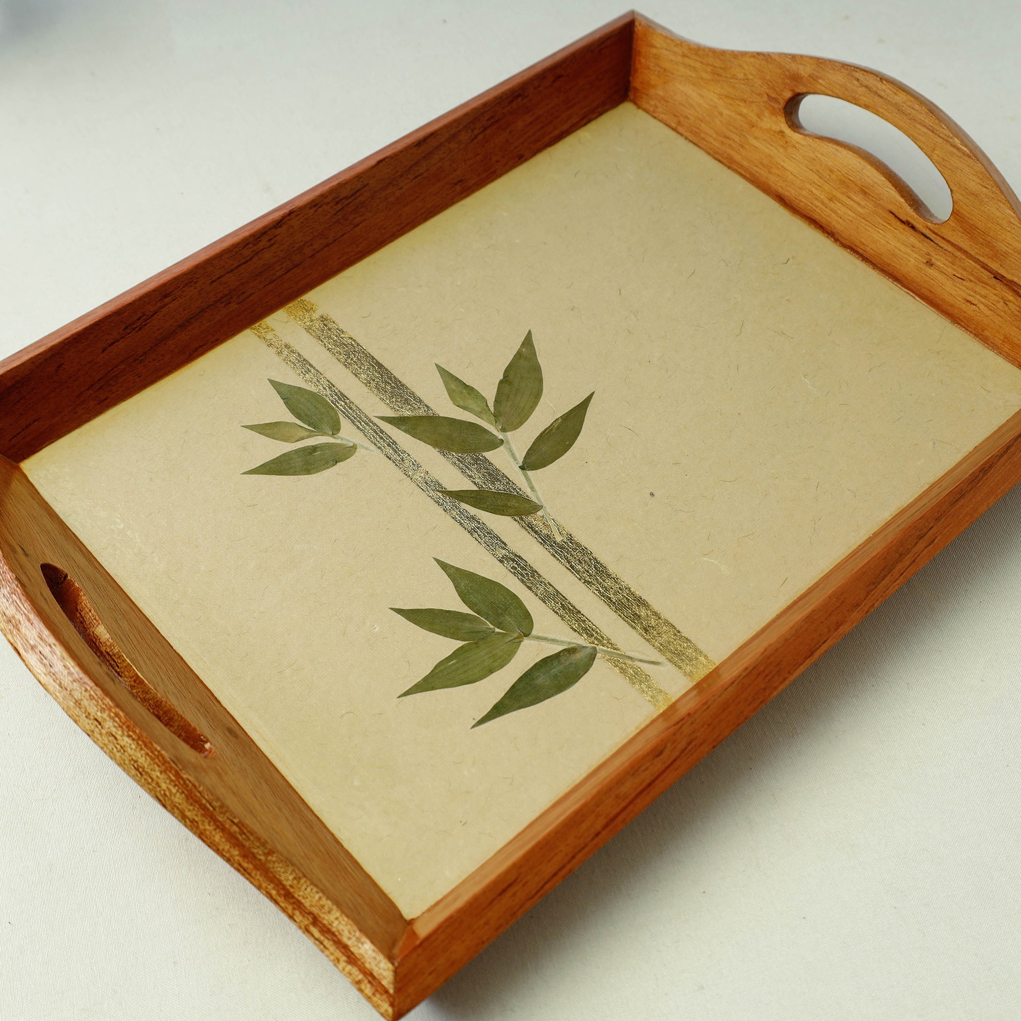 SHRADHANJALI - AN AUROVILLE UNIT Beige - Bamboo Art Work Wooden Tray with Handles (12.5 x 9 x 1 in) - view 3
