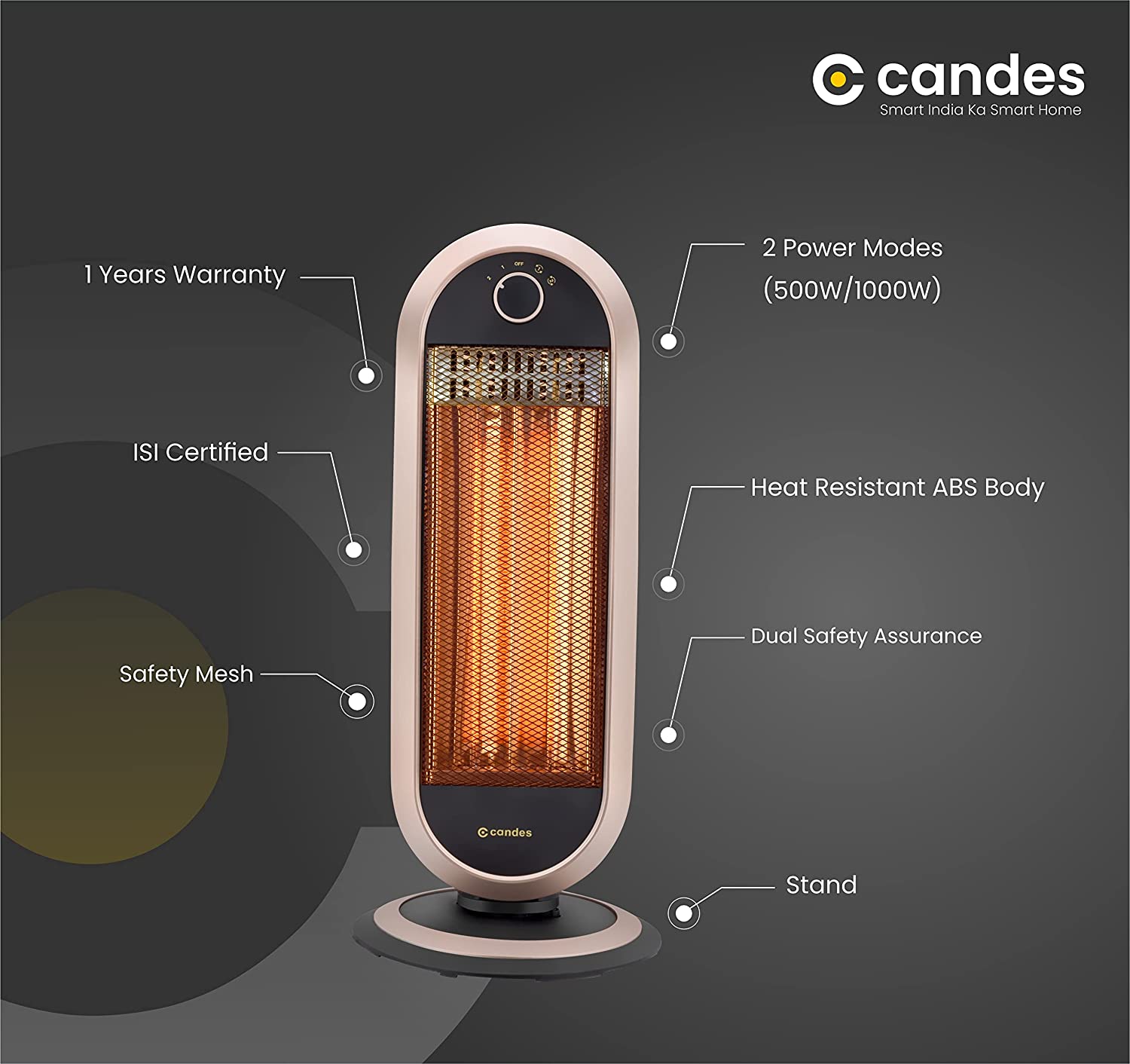 Candes Carbon 2 Rod Room Heater for Winter with 2 Heat Setting - 500W/1000W (Black/Brown) - view 4