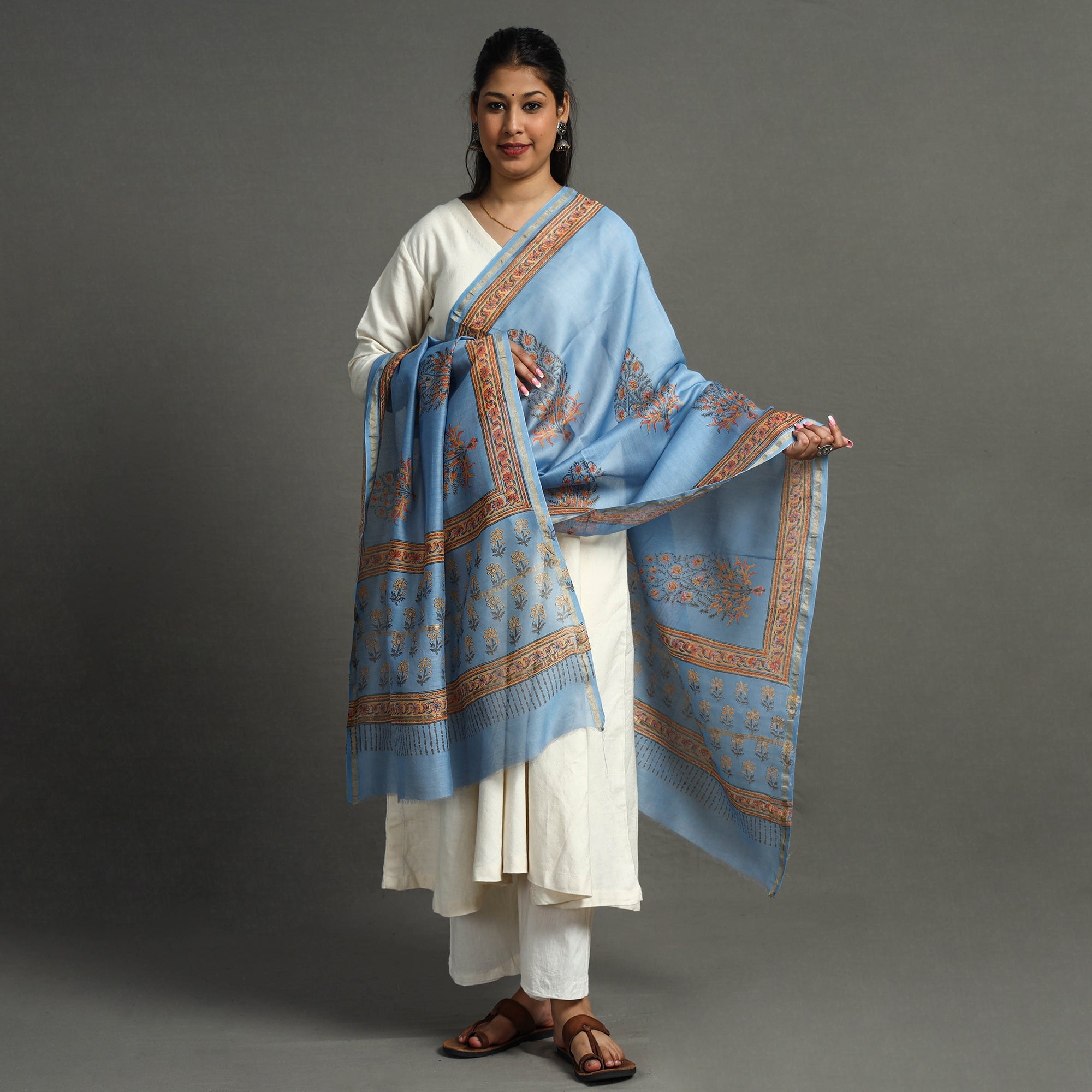 BAGRU DABU PRINTS Blue - Block Printed Chanderi Silk Sanganeri Dupatta 64 - view 2