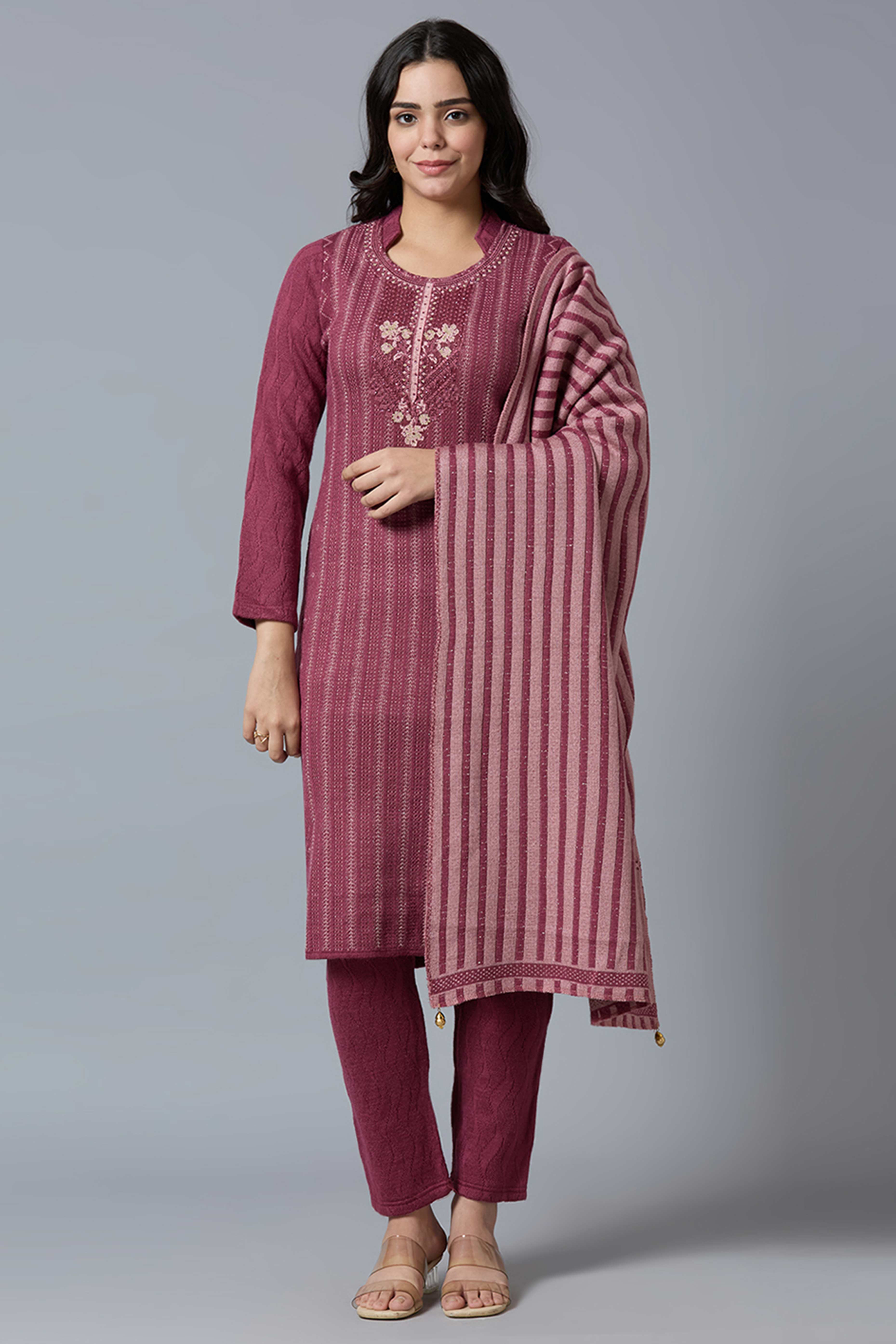 Peachmode Maroon Woven Woolen Straight Salwar Suit - view 6