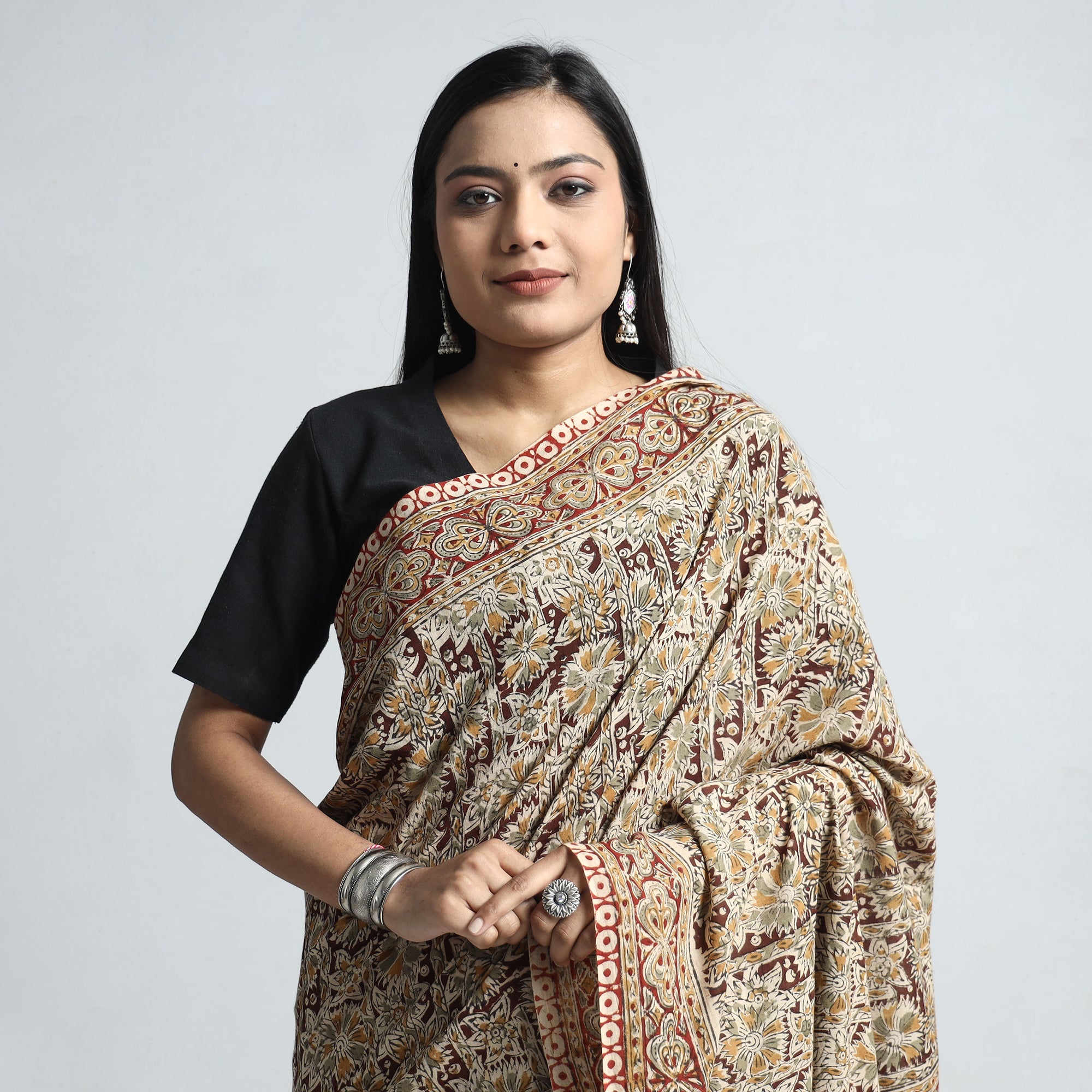 VENKATA BHANU KALAMKARI PEDANA Beige - Pedana Block Print Cotton Kalamkari Saree - view 3