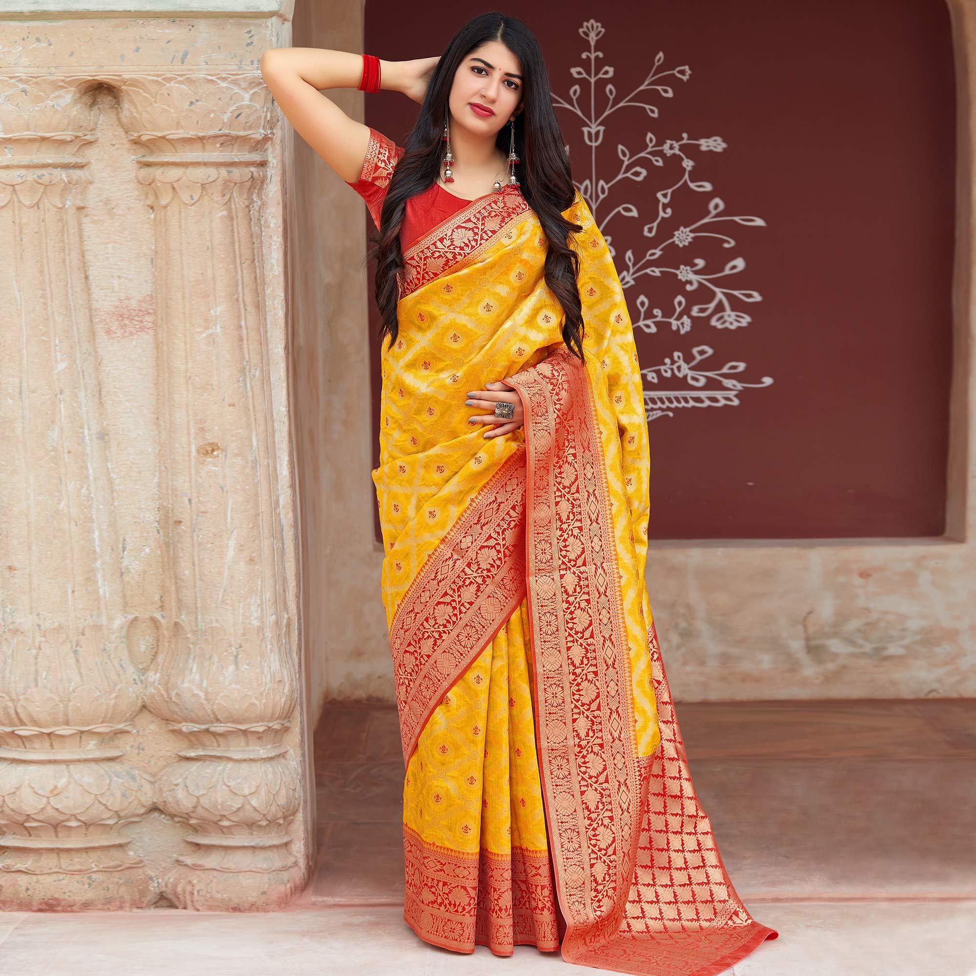 Peachmode Glorious Yellow Colored Festive Wear Woven Banarasi Silk Saree