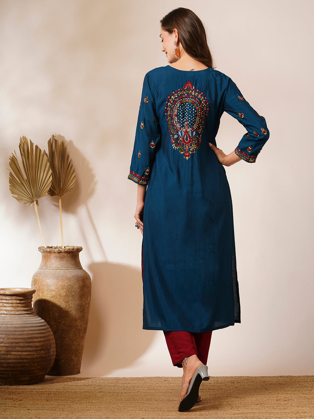 FASHOR Solid Floral Hand Embroidered Straight Fit Kurta - Teal Blue