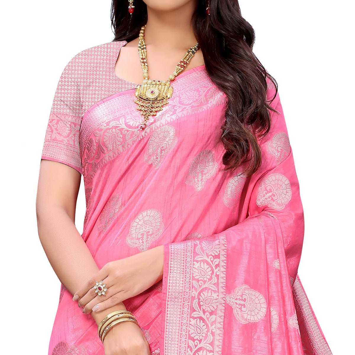 Peachmode Gajari Pink Festive Wear Woven Art Silk Saree - view 2