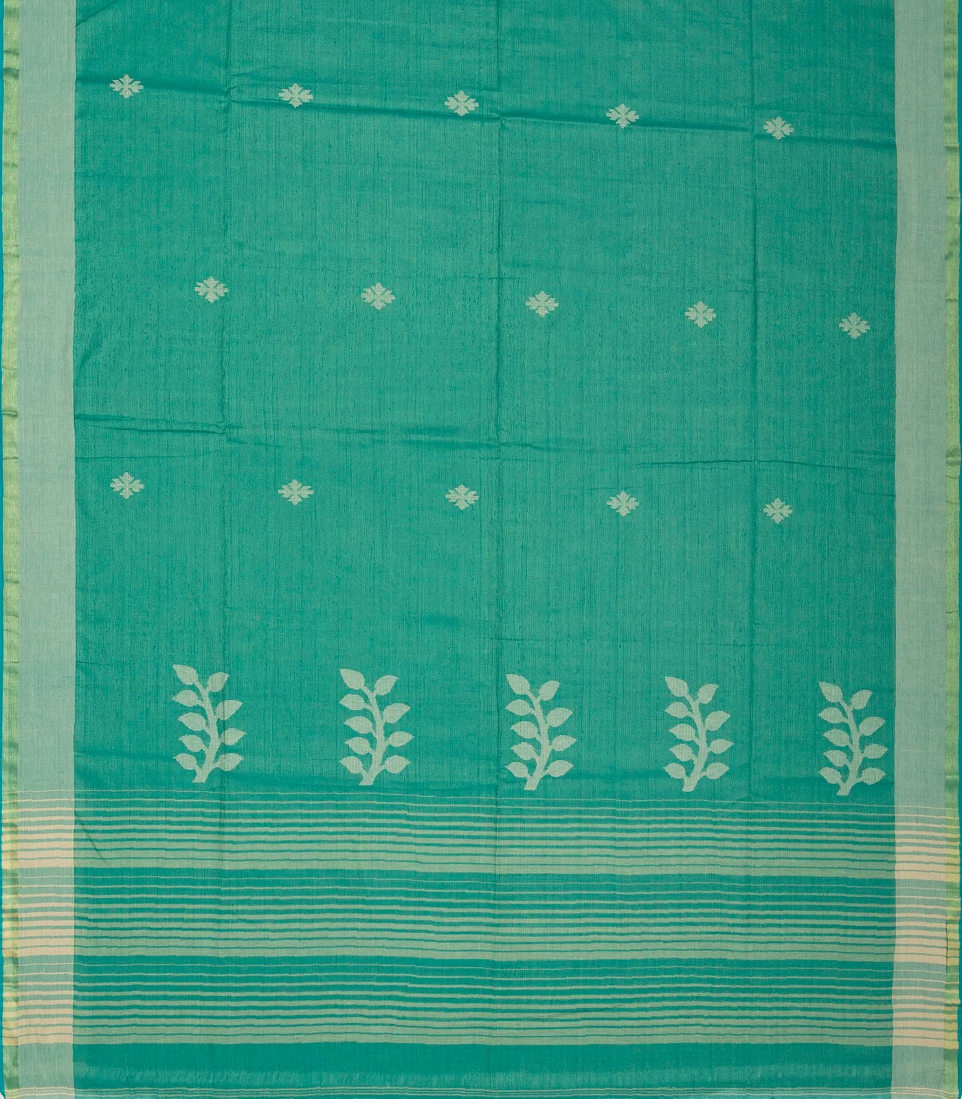 RmKV Aquamarine Handloom Bengal Cotton Saree With Floral Buttas & Stripes - view 2