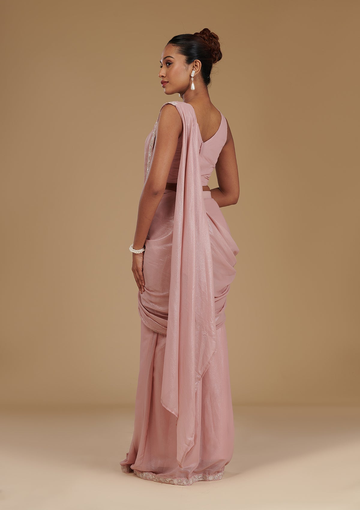 Koskii Peach Sequins Chiffon Readymade Saree – Women's - view 4