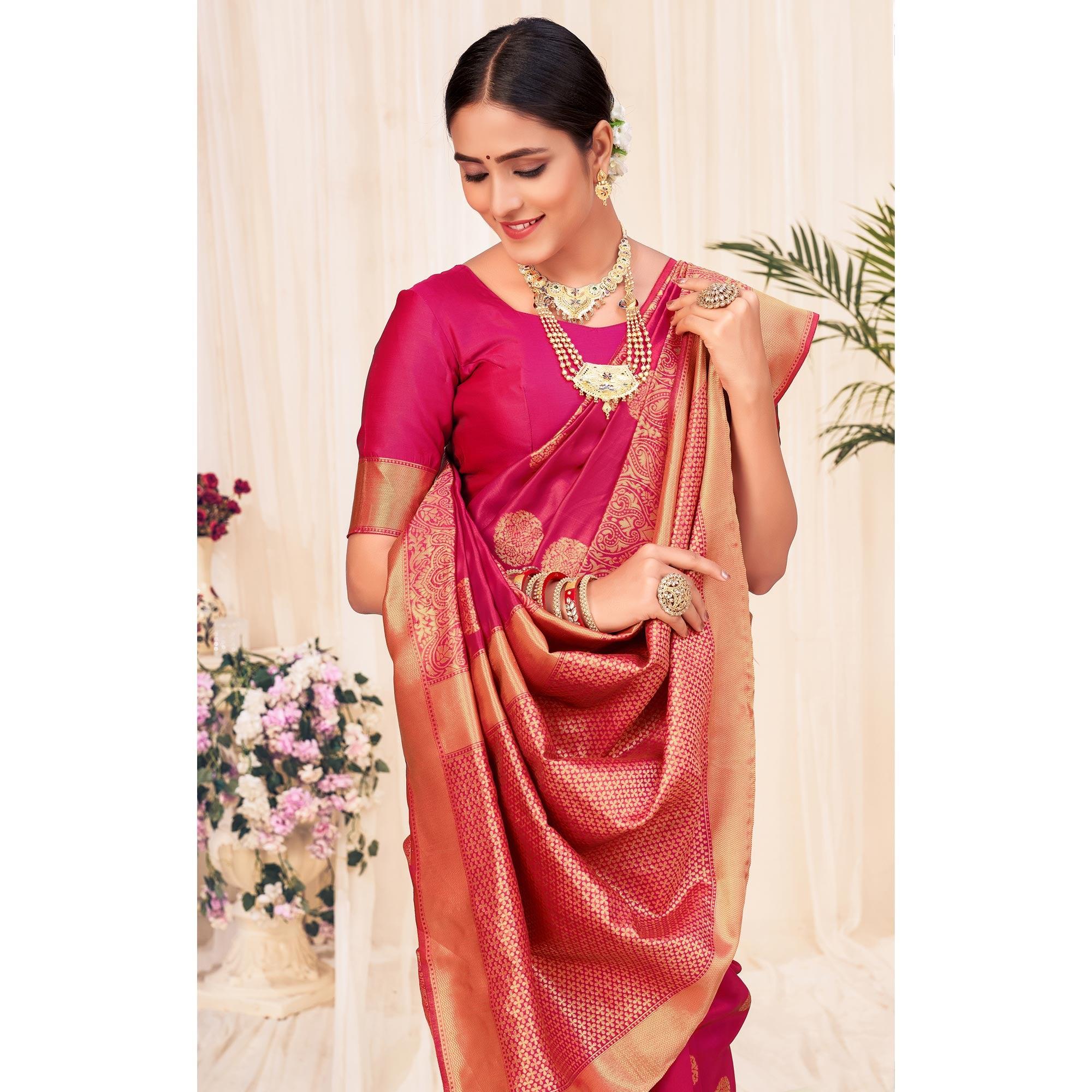 Peachmode Dark Pink Festive Wear Woven Banarasi Silk Saree - view 2