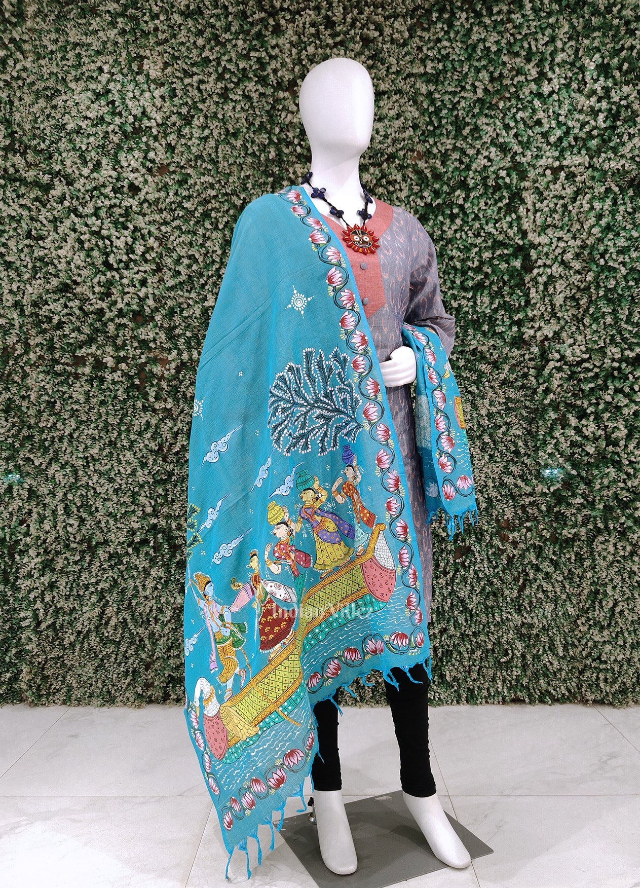 IndianVillèz Sky Blue Boita Theme Tussar Pattachitra Dupatta