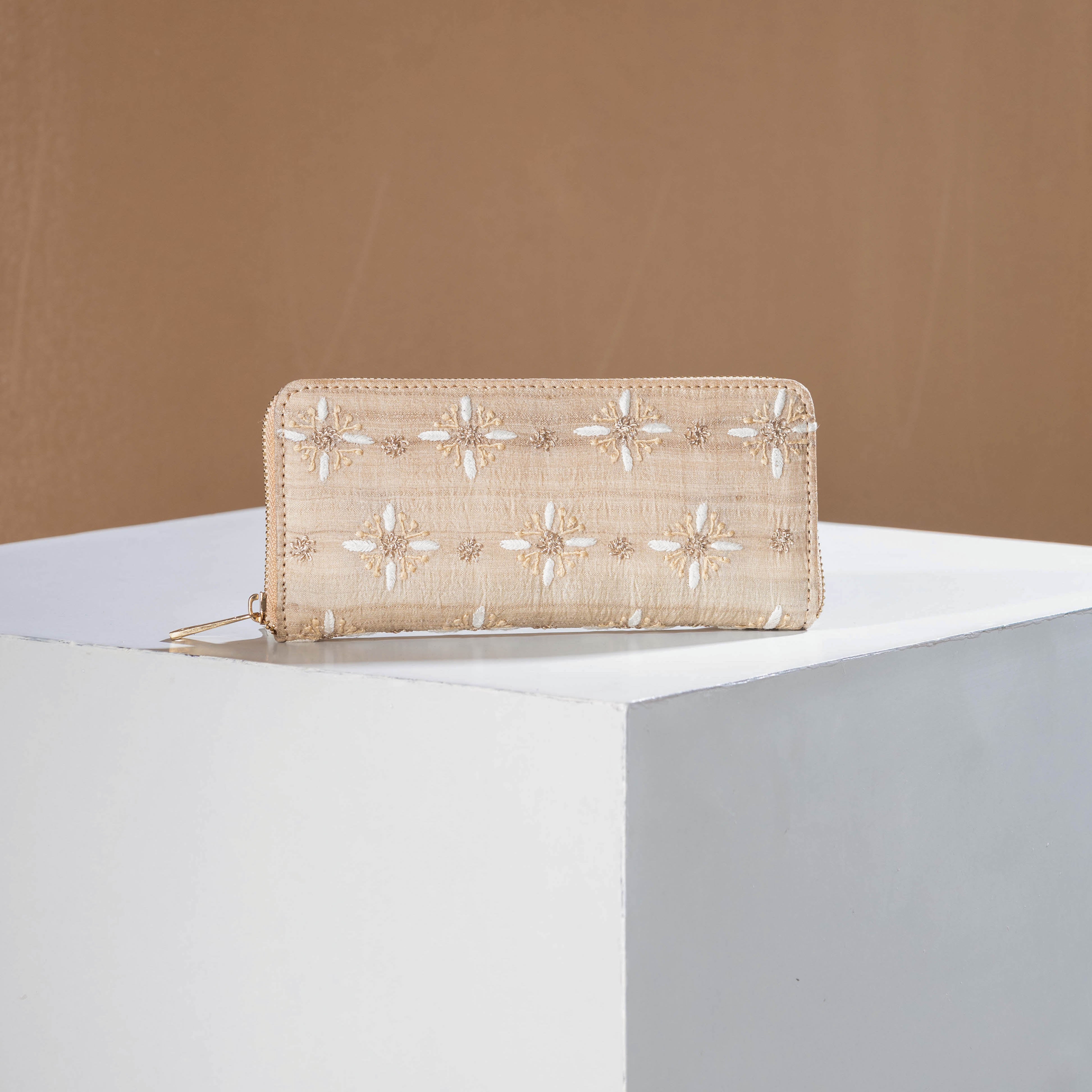 LAVANGG Beige - Chikankari Hand Embroidered Tussar Silk Wallet