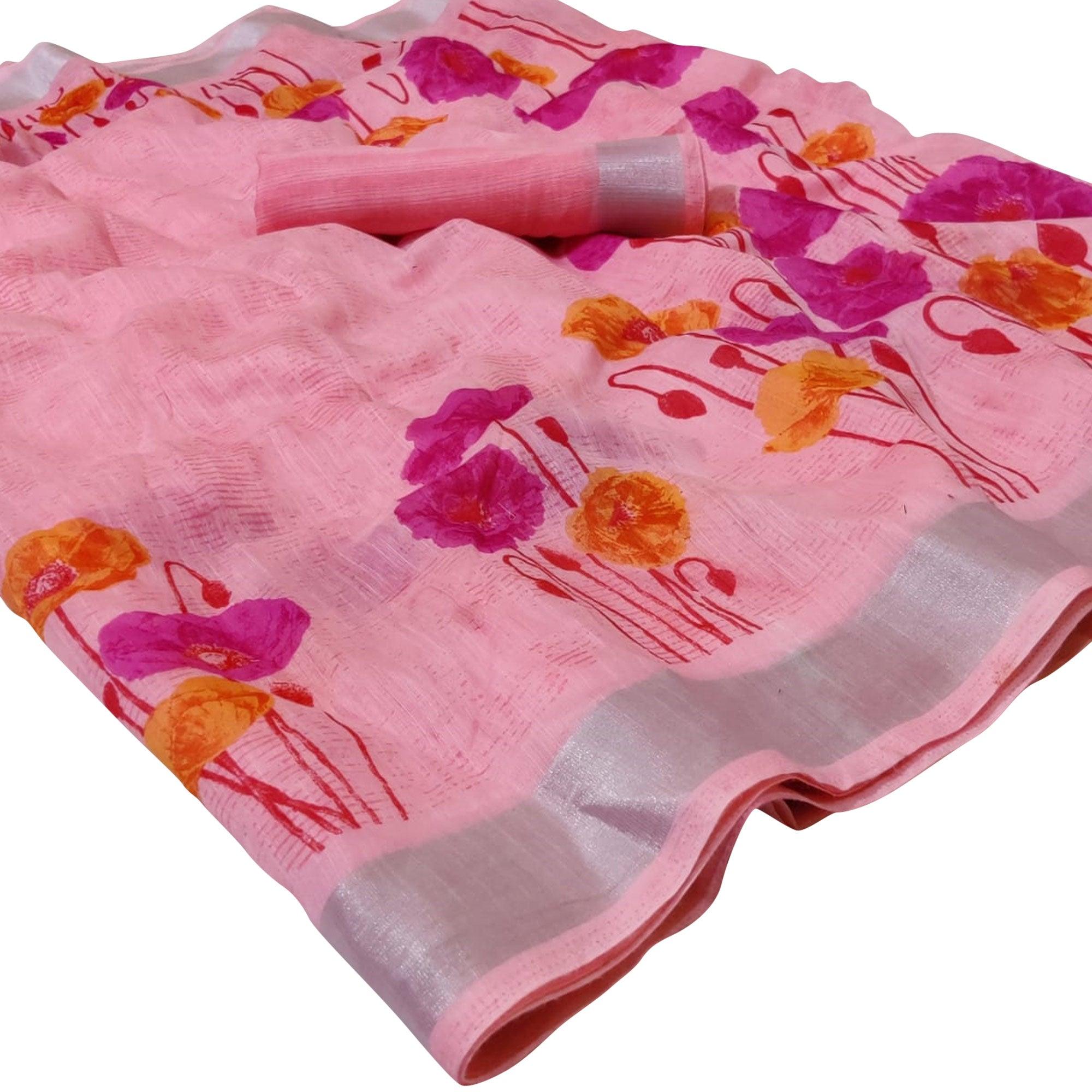 Peachmode Imposing Light Pink Colored Casual Floral Printed Linen Saree