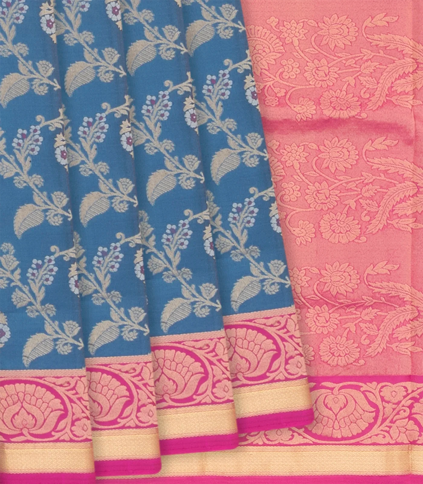RmKV Blue Handloom Soft Silk Saree With Floral Vine Motifs & Pink Border-Blue