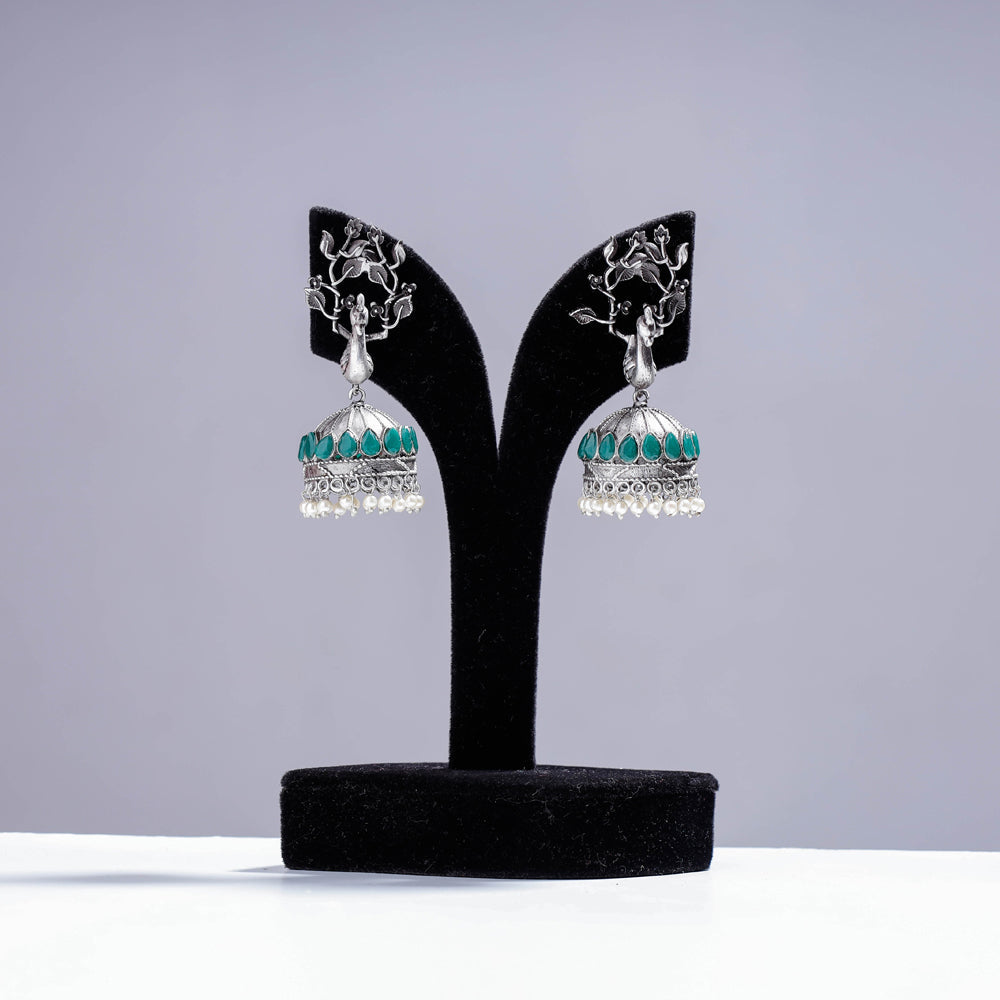 WHITE RIVER STORIES Antique Silver Finish Oxidised Brass Base Jhumki Earrings