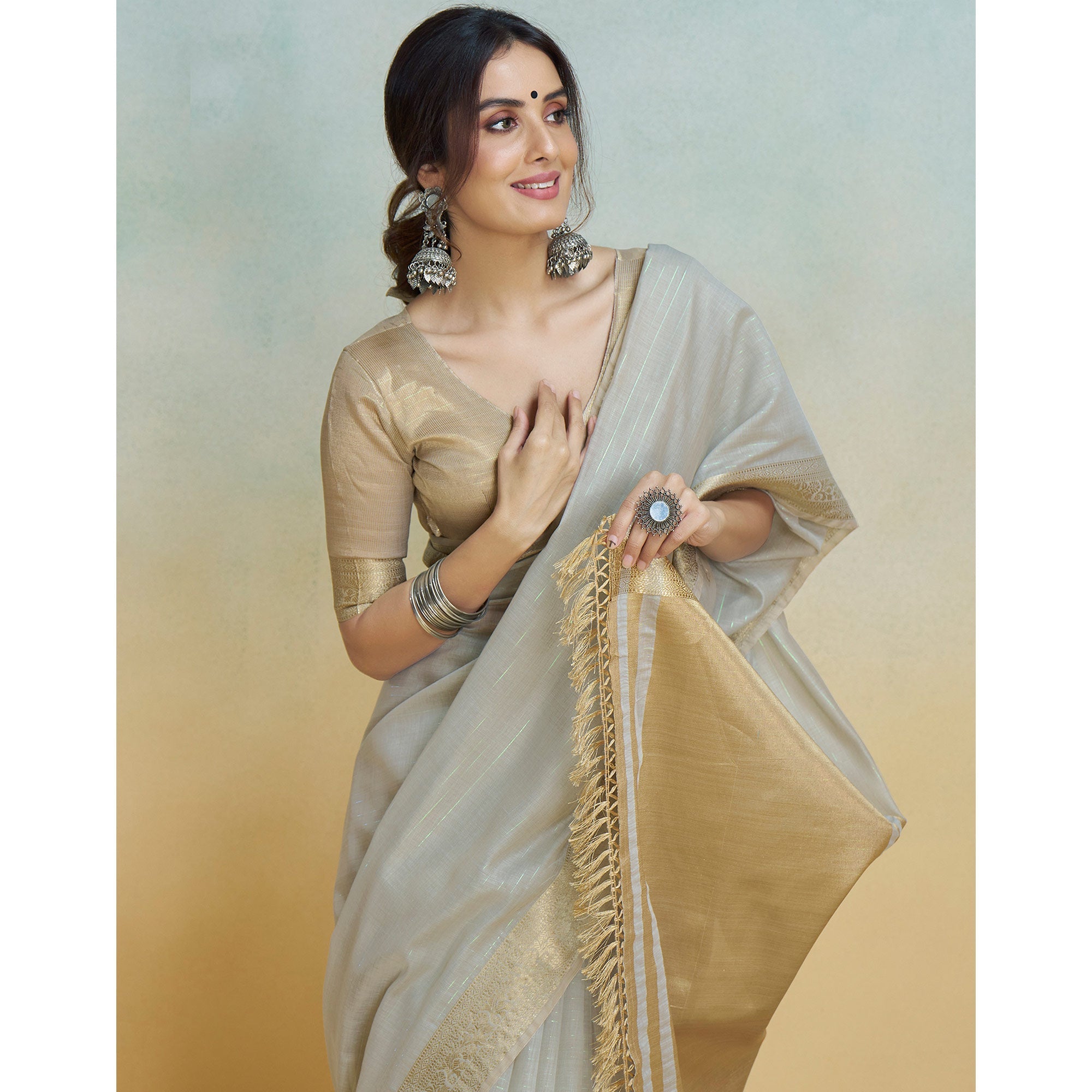 Peachmode Light Grey Woven Cotton Silk Saree With Tassels - view 6