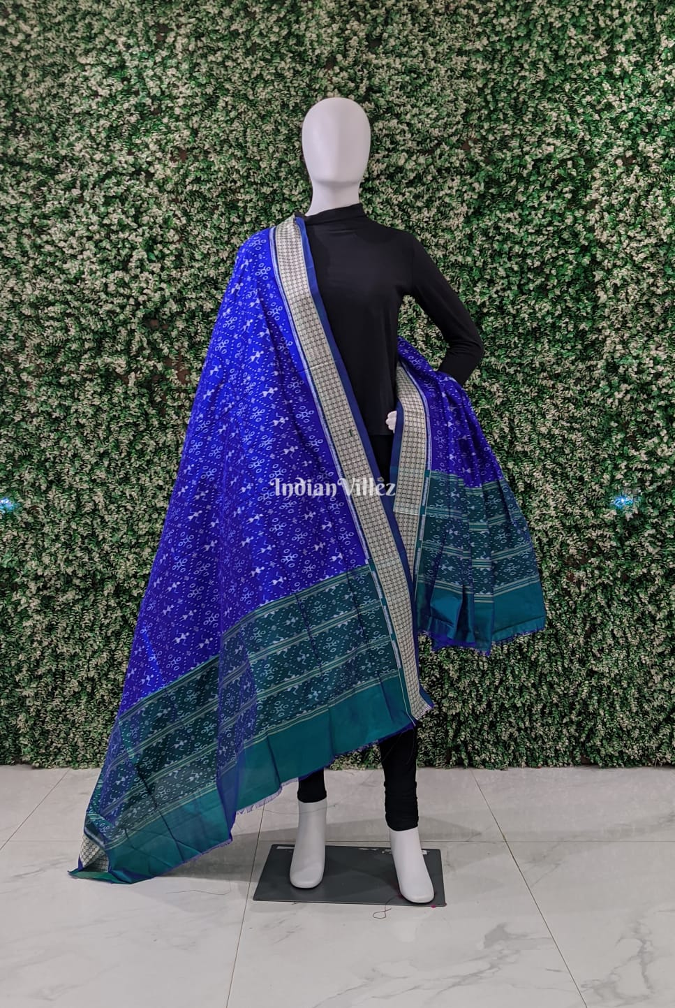 IndianVillèz Blue Sea Green Tribal Sambalpuri Silk Dupatta