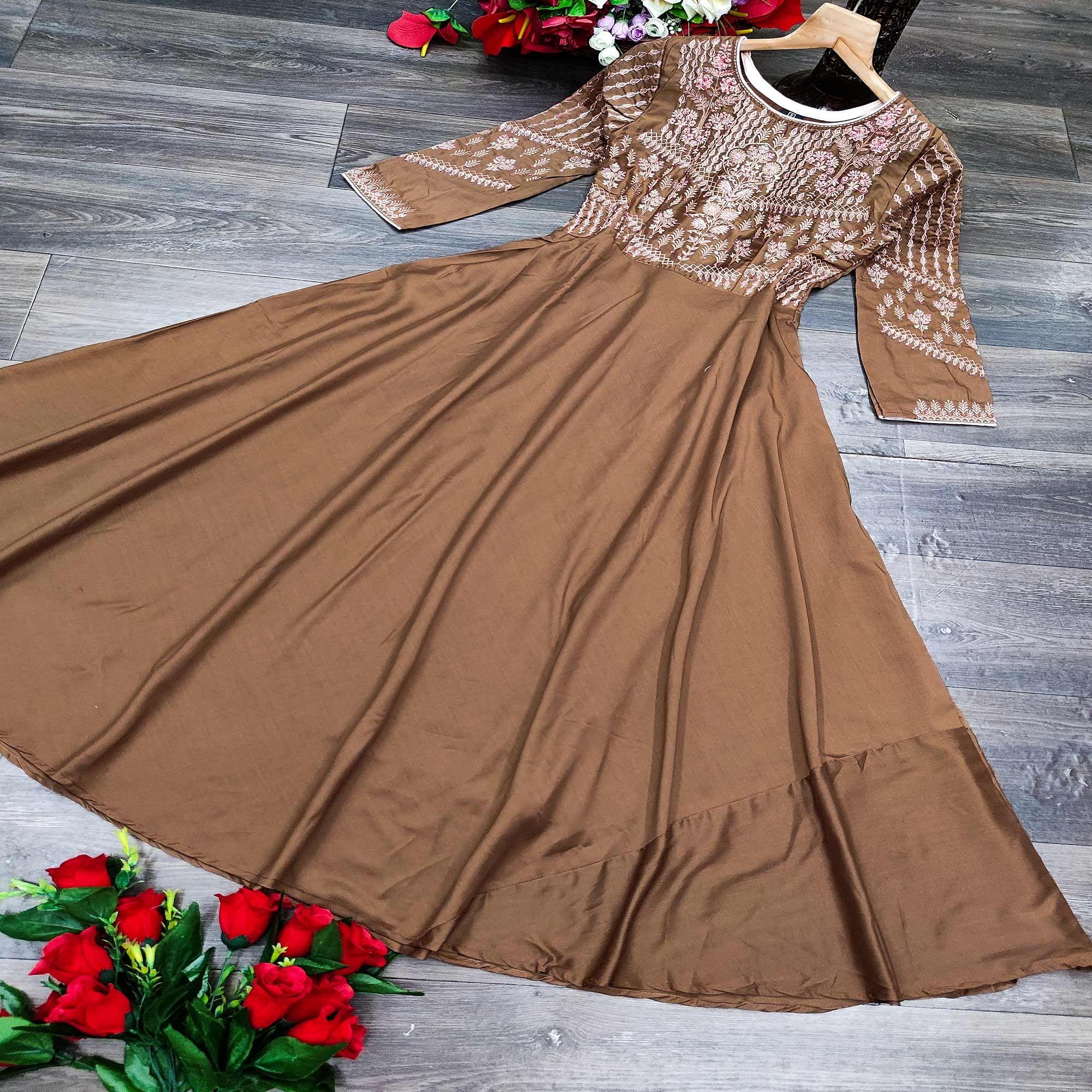 Peachmode Seller Brown Partywear Embroidered Muslin Silk Gown - view 3