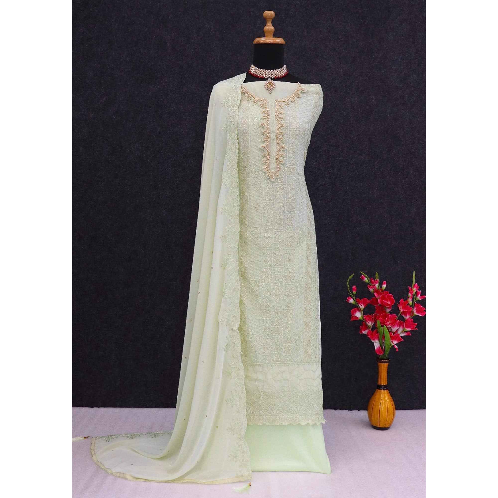 BlackTree green-embroidered-georgette-semi-stitched-pakistani-suit-2 - view 4