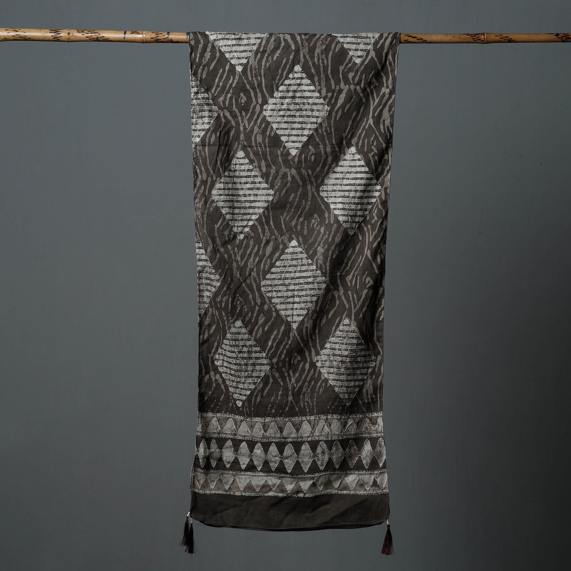 ARTISAN HAND BLOCK PRINTS Brown - Bagru Block Printed Tagai Work Cotton Stole with Tassels - view 3