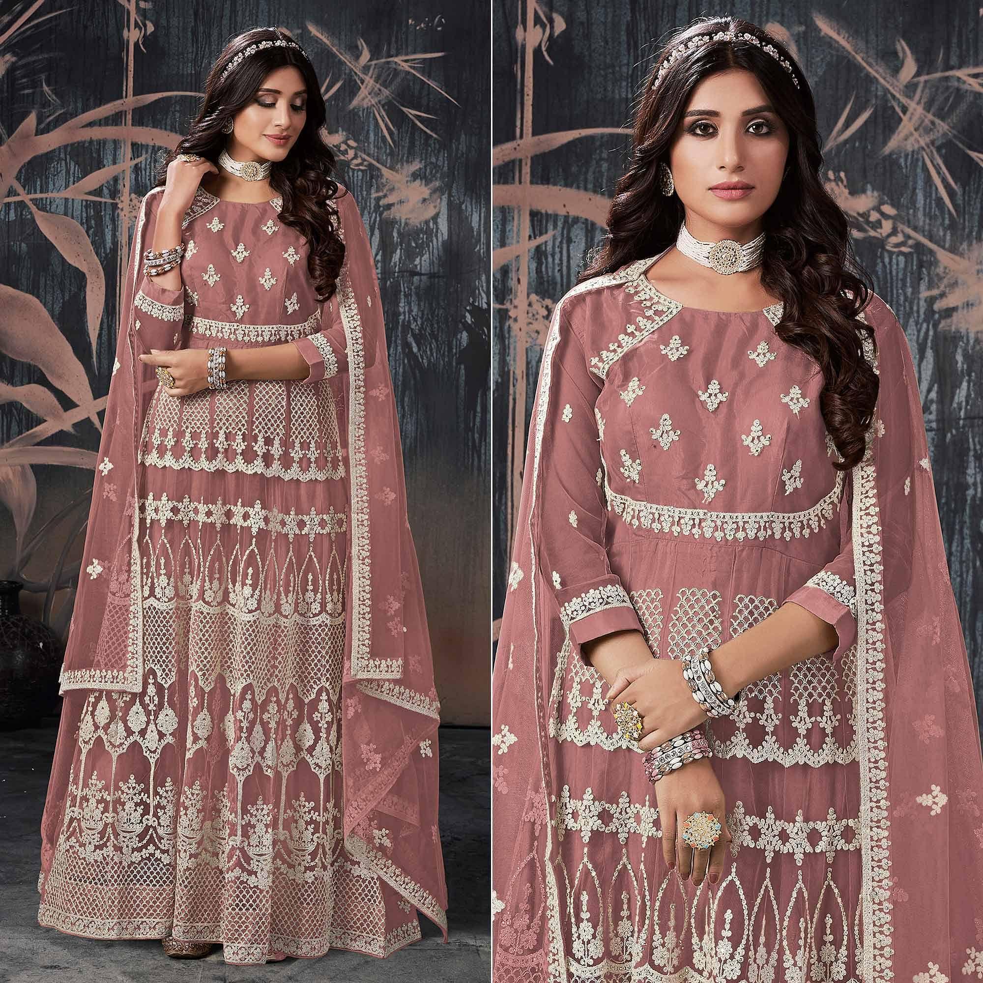 Peachmode Seller Mauve Partywear Embroidery With Embellished Net Gown