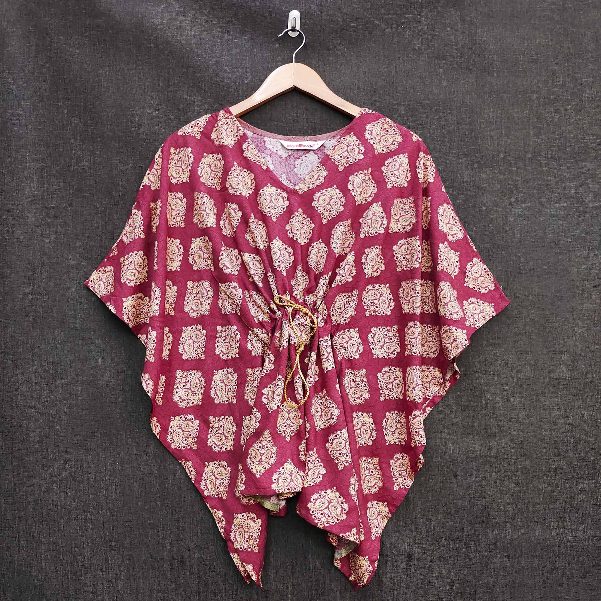 Peachmode Maroon Foil Printed Rayon Kaftan Top