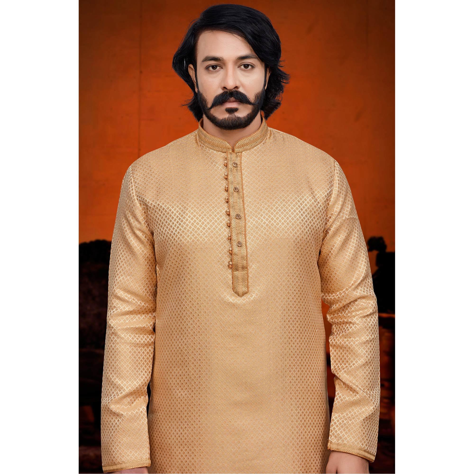 Peachmode Seller Cream Woven Jacquard Kurta Pyjama Set - view 4