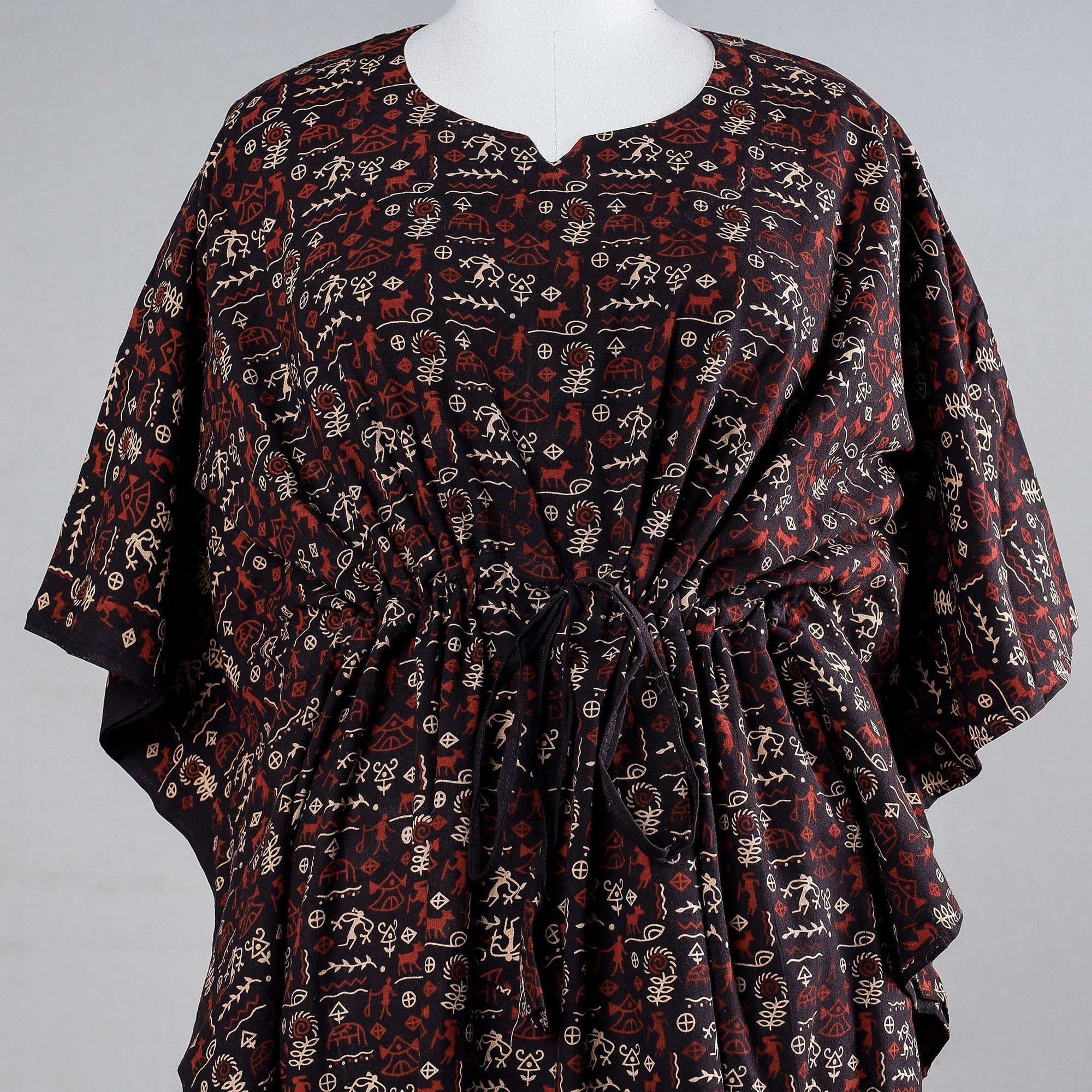 KACHCHH JI CHHAAP Black - Ajrakh Block Printed Cotton Kaftan with Tie-Up Waist (Medium) - view 2