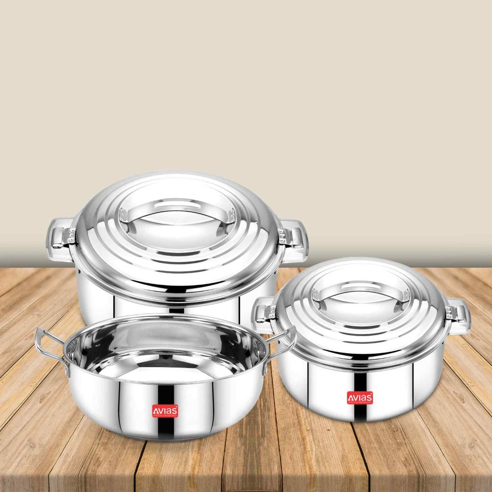 Platinox casserole 1000 – AVIAS Platinox (Casserole 1000 ML + Casserole 1500 ML + Kadhai 22 cm) | Silver | Set of 3 Pcs