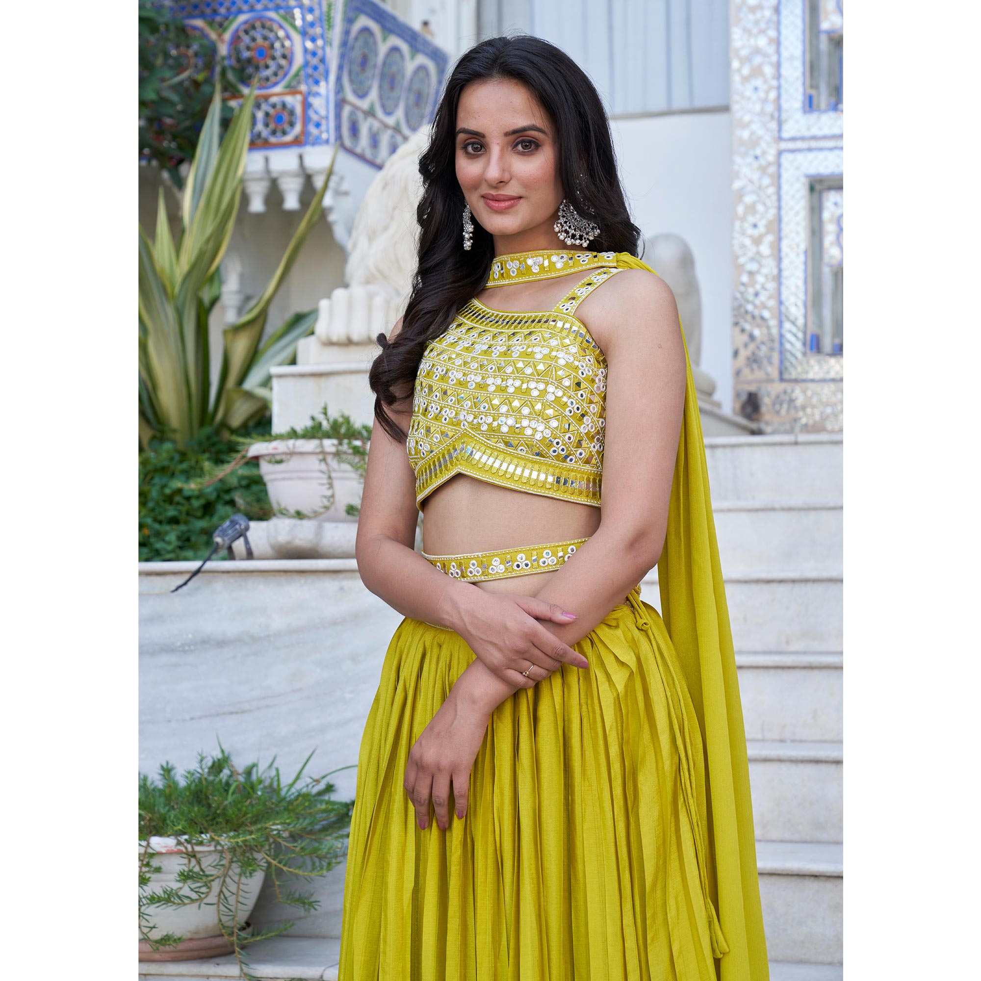Peachmode Seller Lemon Green Embroidered Chiffon Plated Lehenga Choli - view 10
