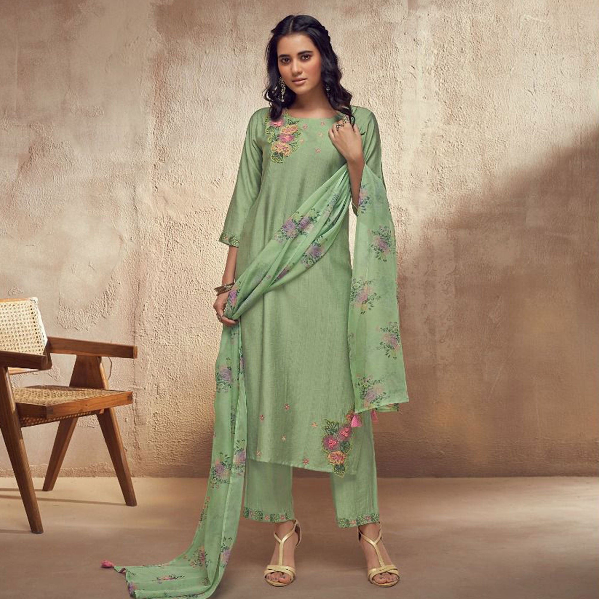 Green suits – BlackTree green-floral-emmbroidered-viscose-suit
