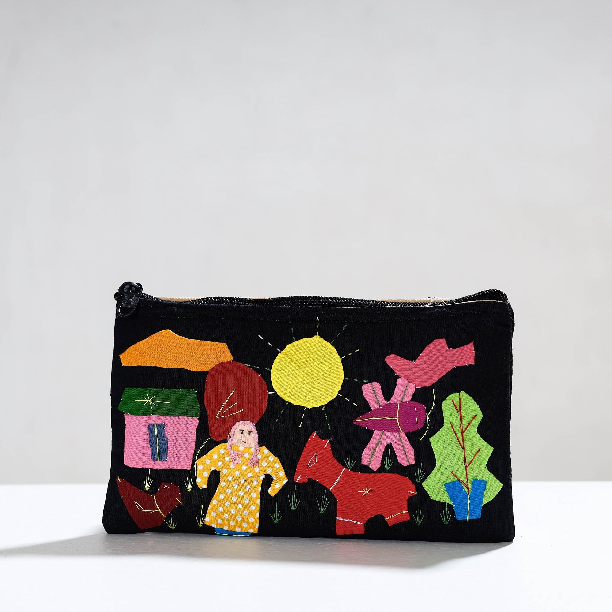 ASHOKA ASSEMBLE - CELEBRATING CRAFTS OF ODISHA Black - Pipli Applique Work Cotton Cosmetic Pouch