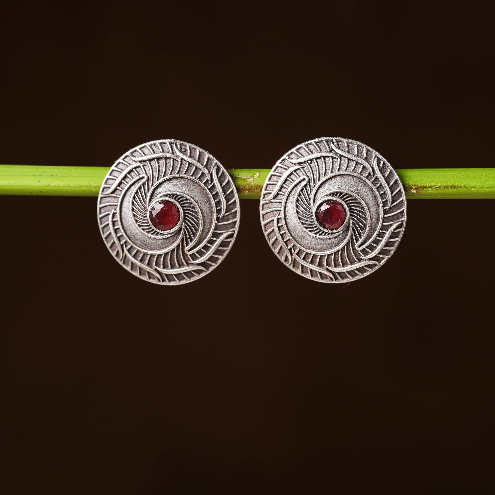 WHITE RIVER STORIES Antique Silver Finish Oxidised Brass Base Stone Work Stud Earrings