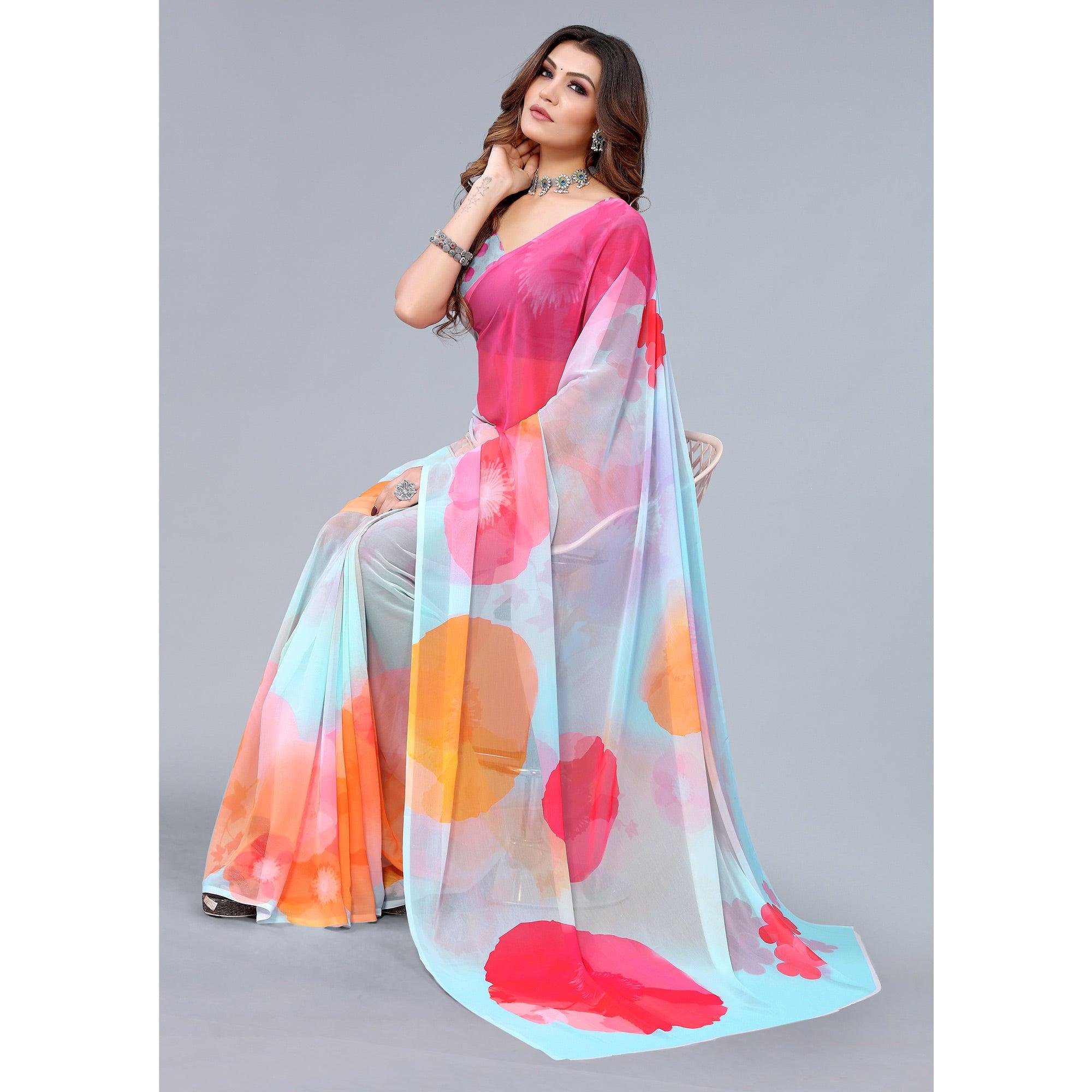 Peachmode Light Blue Printed Georgette Saree – Women's - view 6