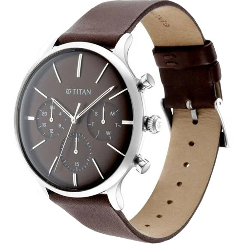 Titan Quartz Multifunction Brown Dial Leather Strap Watch for Men 42mm NT90134SL02 - view 2