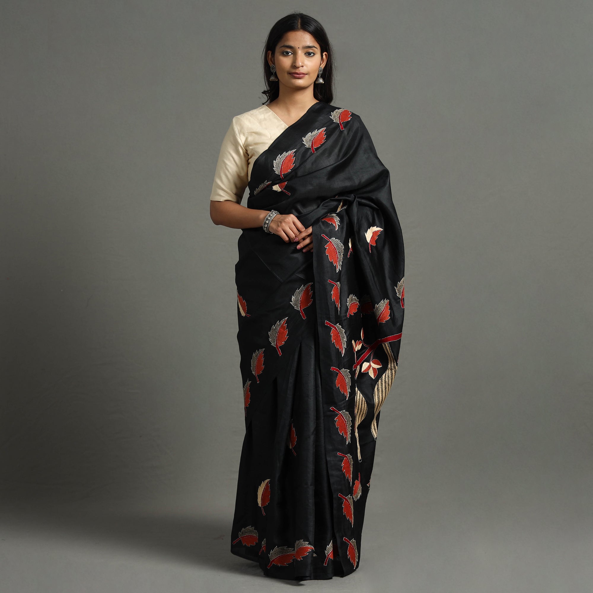 KHUSHBASH - HAPPY LOOM OF EAST Black - Bengal Kantha Embroidery Handloom Banarasi Silk Saree